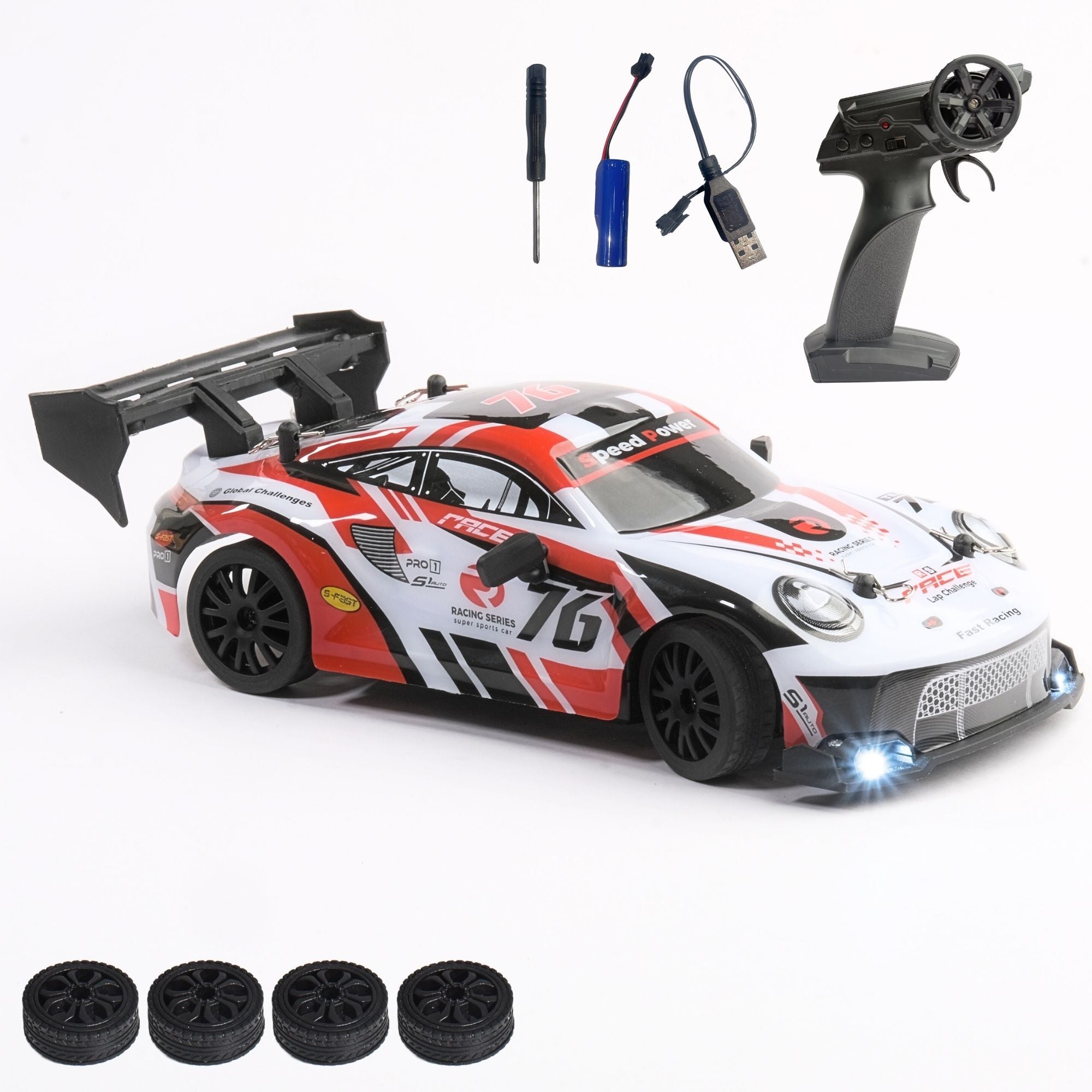 Radio-controlled RC car with accessories on a white background