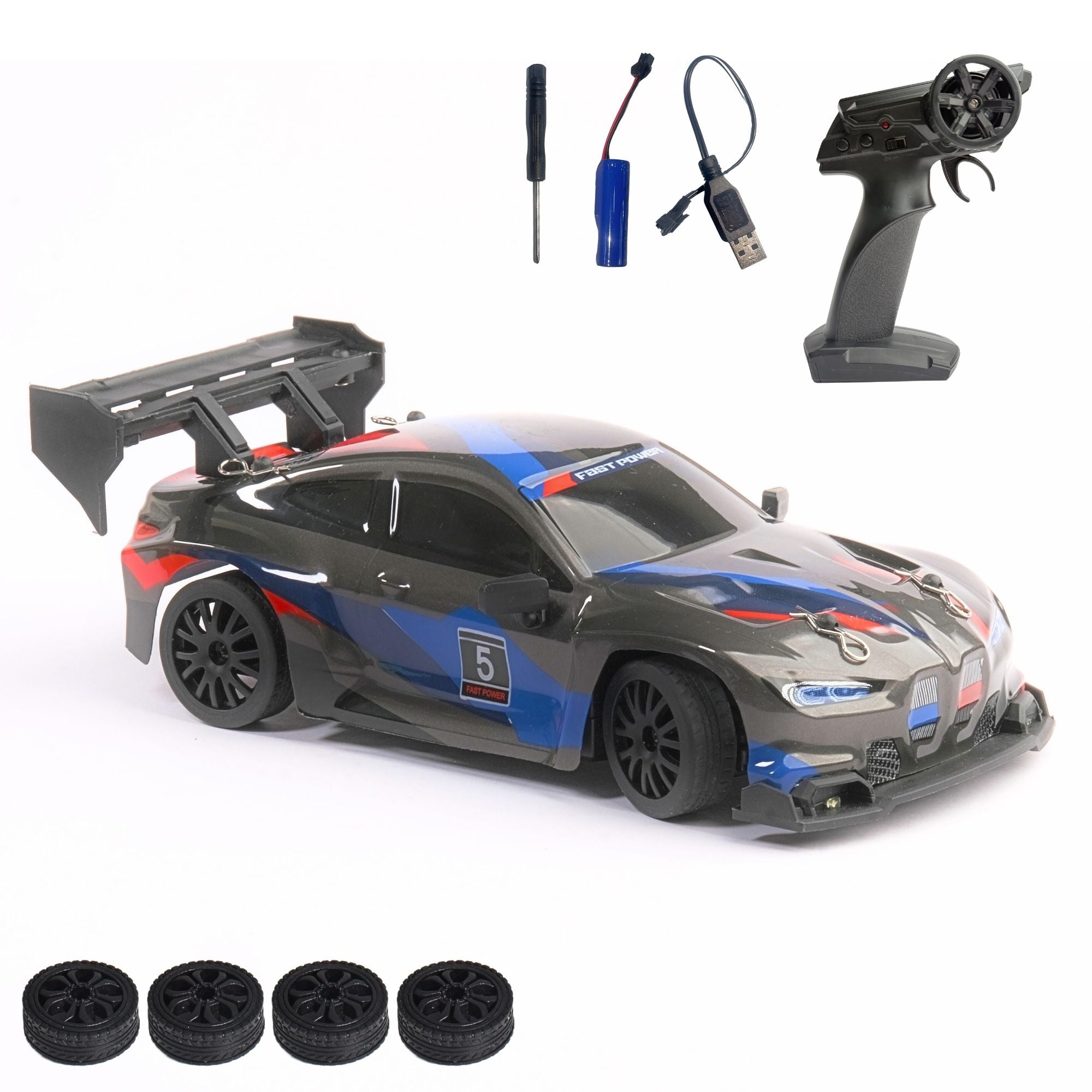 Black Radio-controlled car with remote control, receiver, and spare wheels on a white background