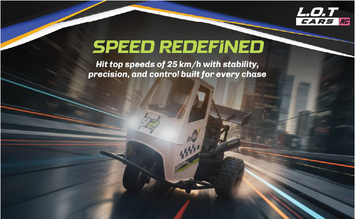 Model RC car on a track with speed-related text and L.O.T Cars branding.