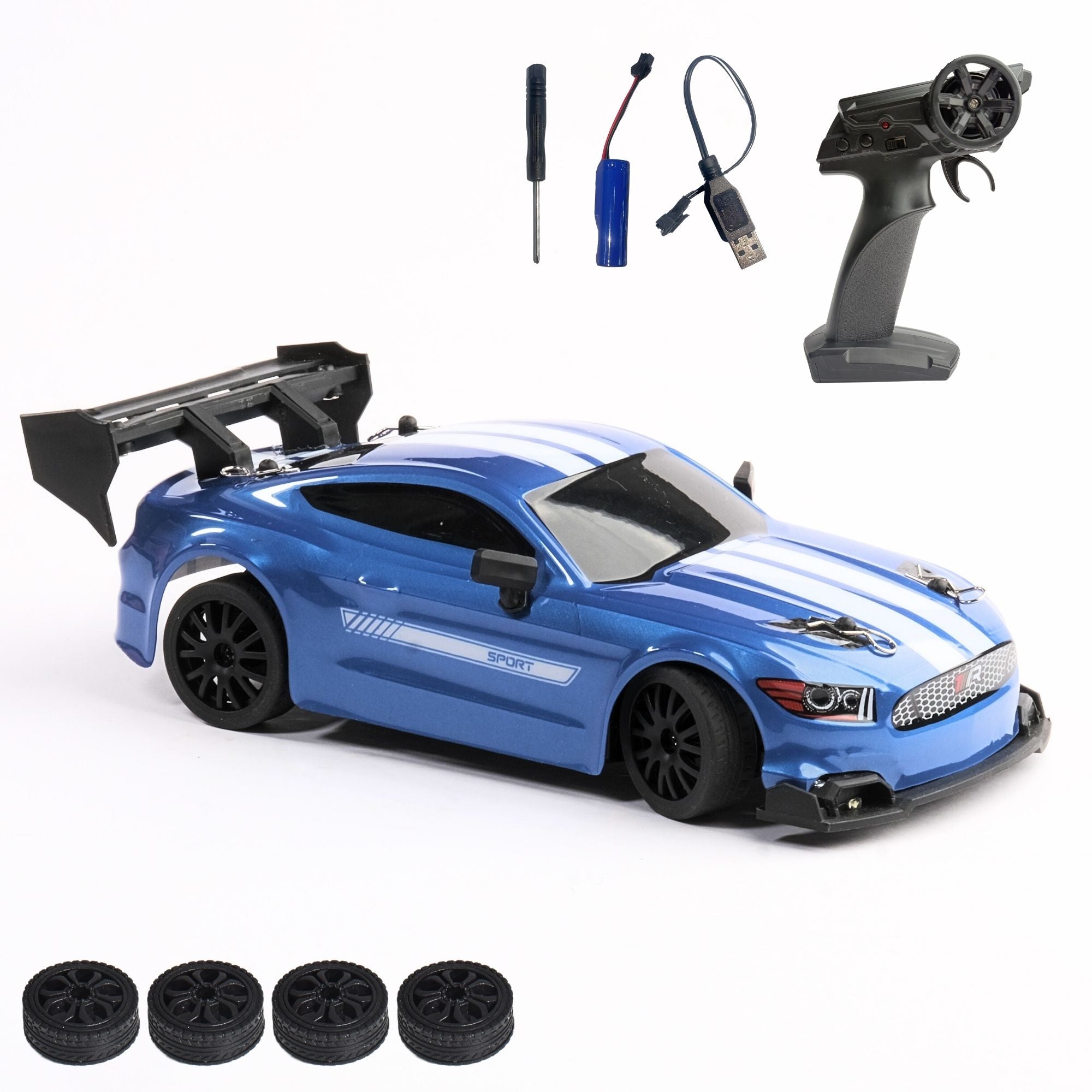Blue remote control car with accessories on a white background