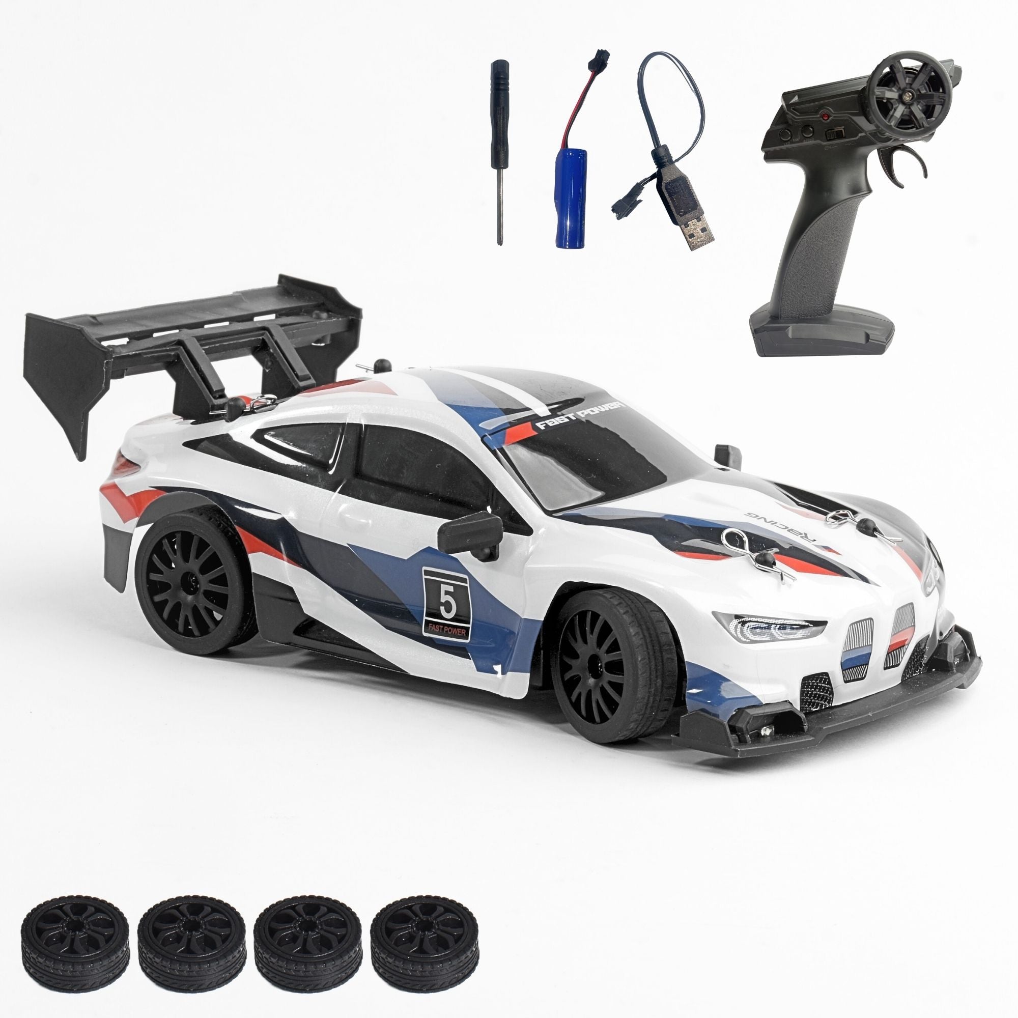 White Model RC car with remote control and accessories on a white background