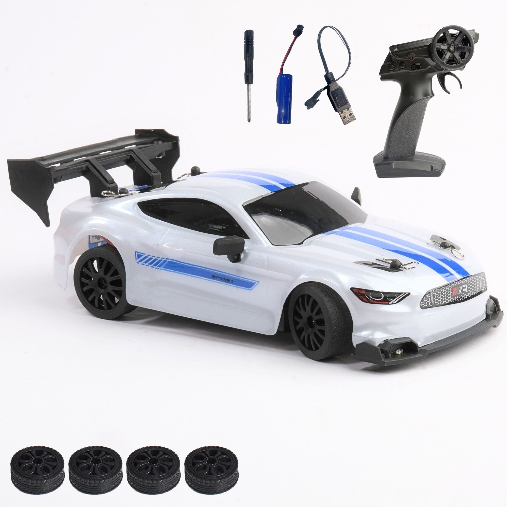 White and blue remote control car with accessories on a white background