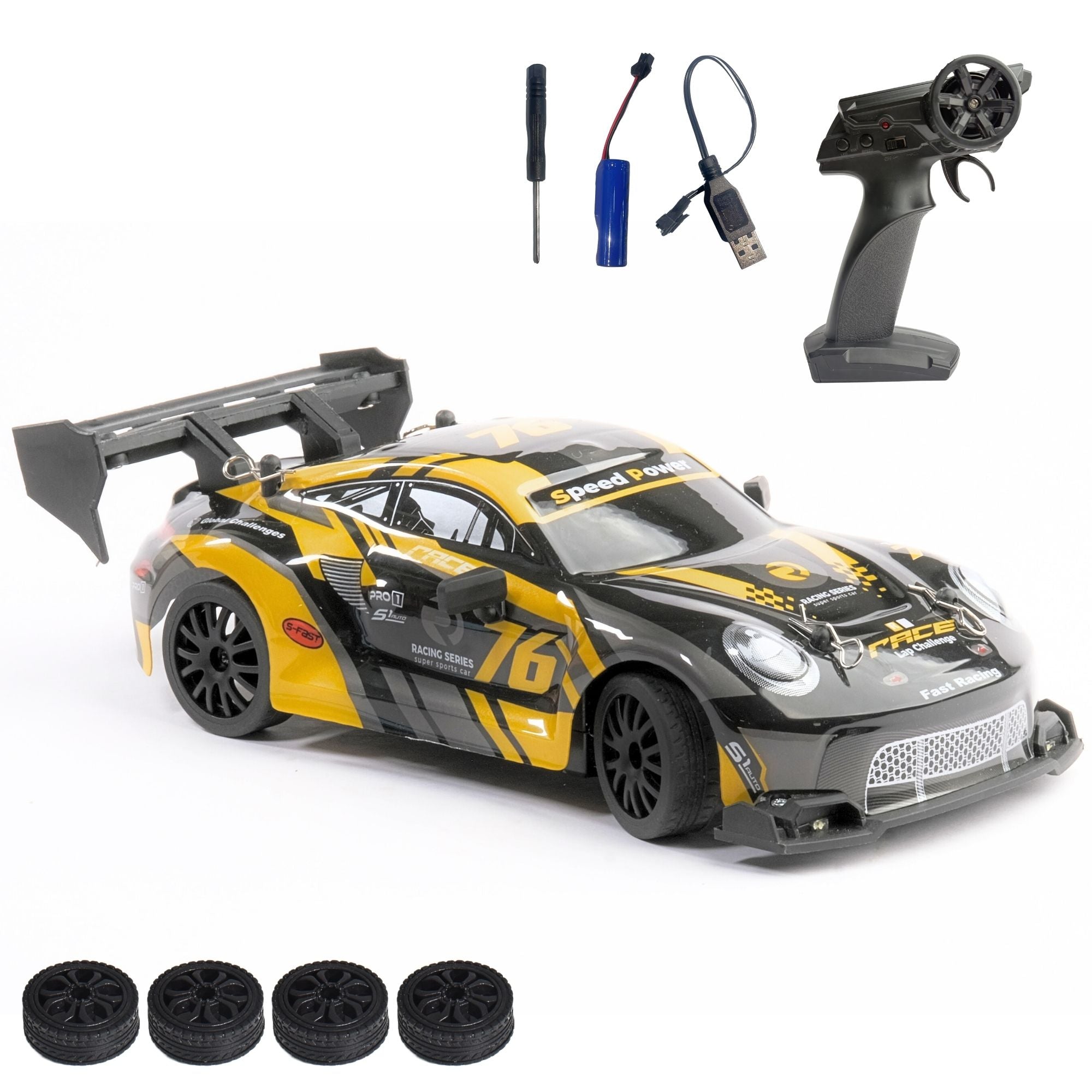 Yellow and black remote control car with accessories on a white background