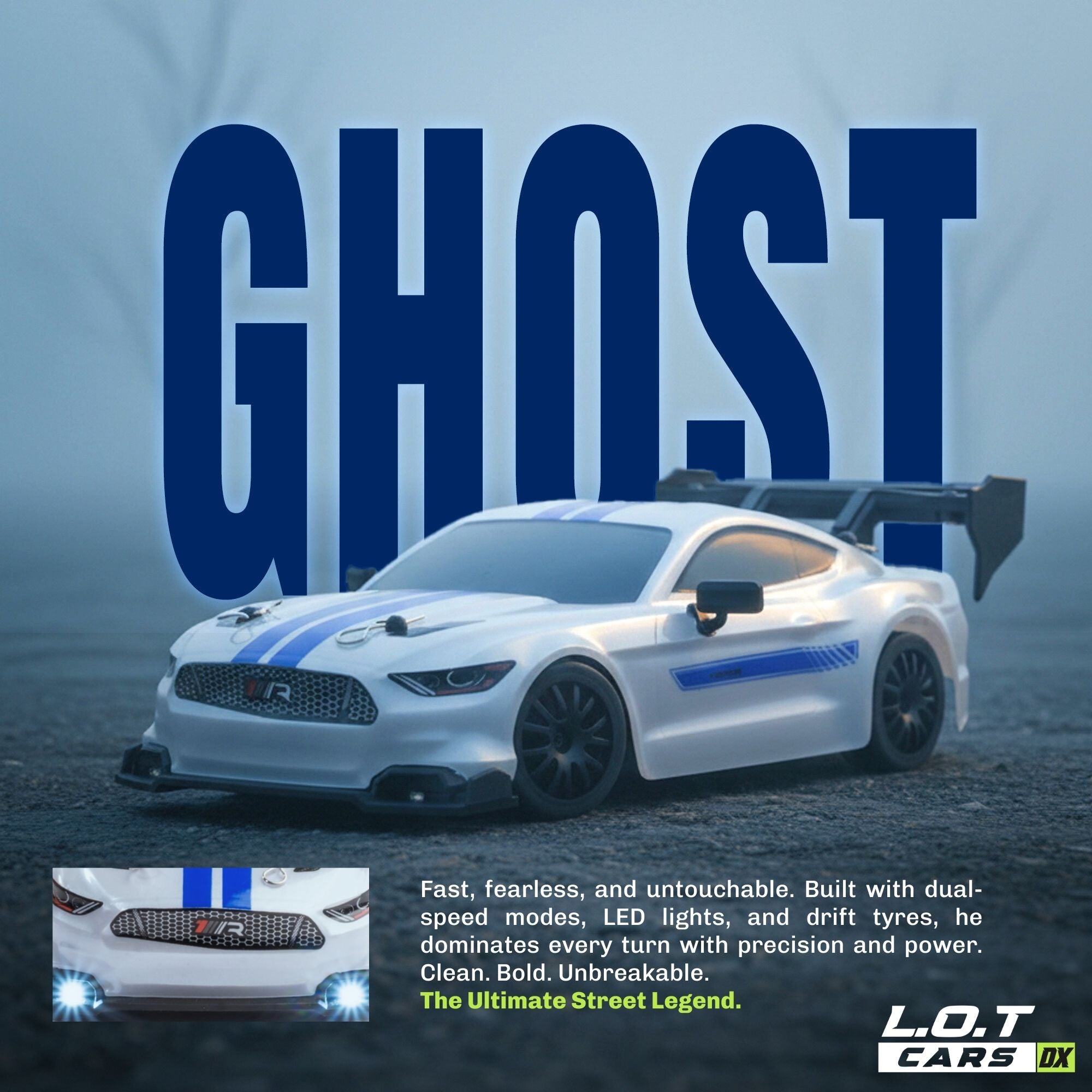 White RC sports car with blue accents on a dark background, featuring the word 'GHOST' and promotional text.