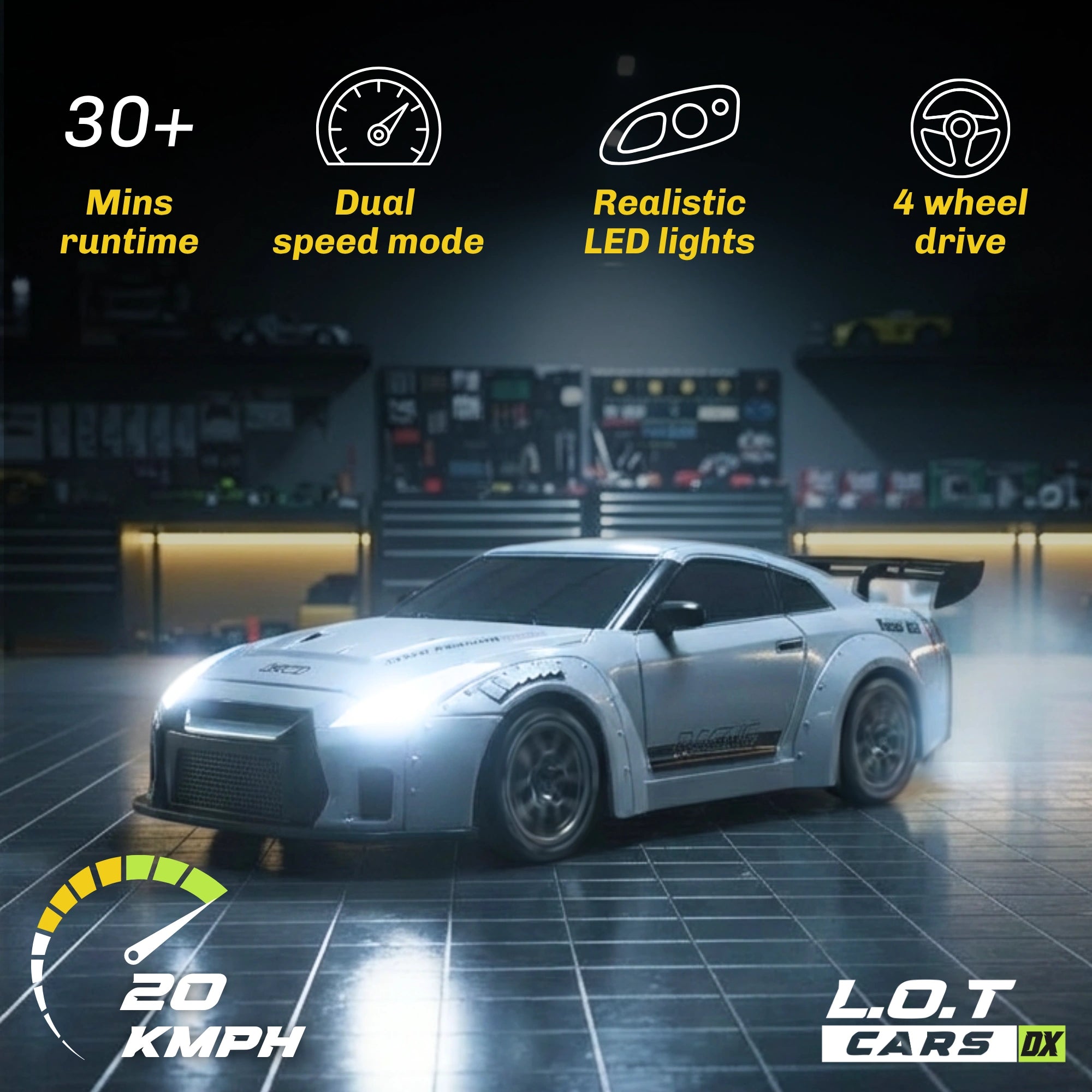 RC car with features listed on a dark background, including runtime, speed mode, LED lights, and wheel drive.