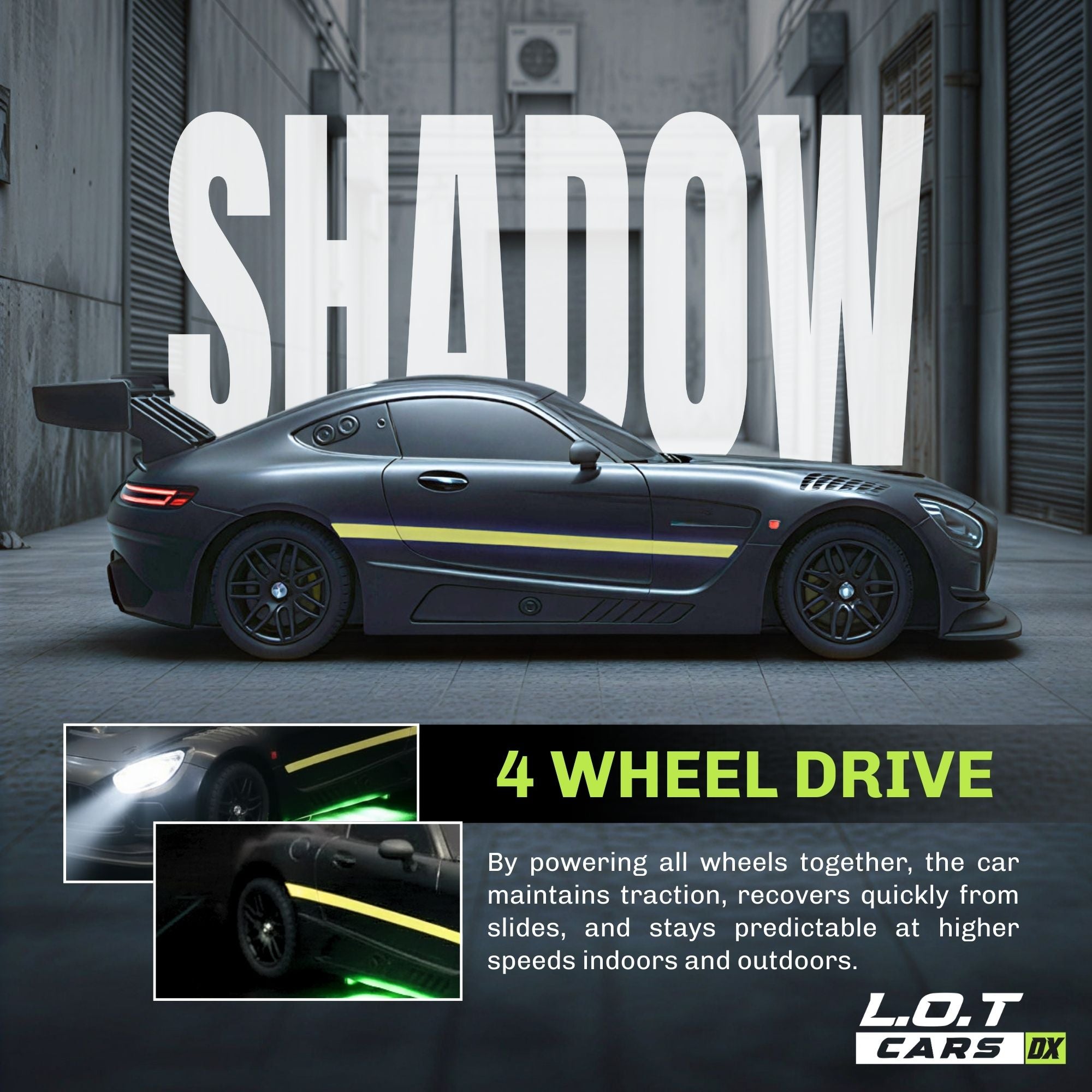 Black sports RC car with yellow stripe in an urban setting, featuring the word 'SHADOW' and '4 WHEEL DRIVE' text.