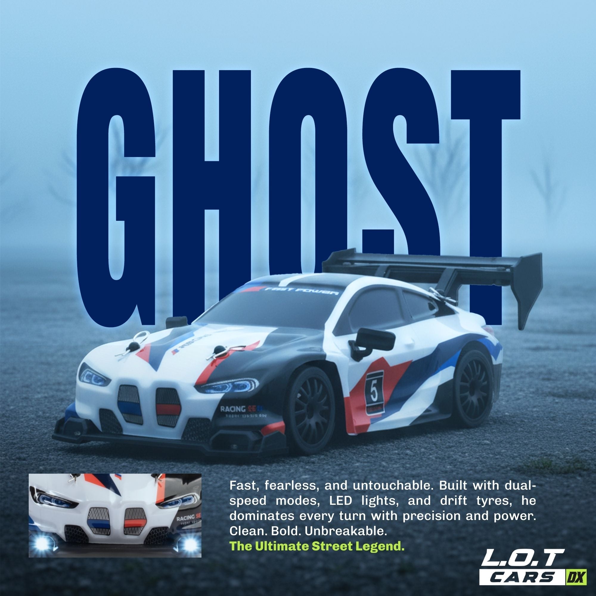 Racing RC car with 'GHOST' branding on a blue gradient background