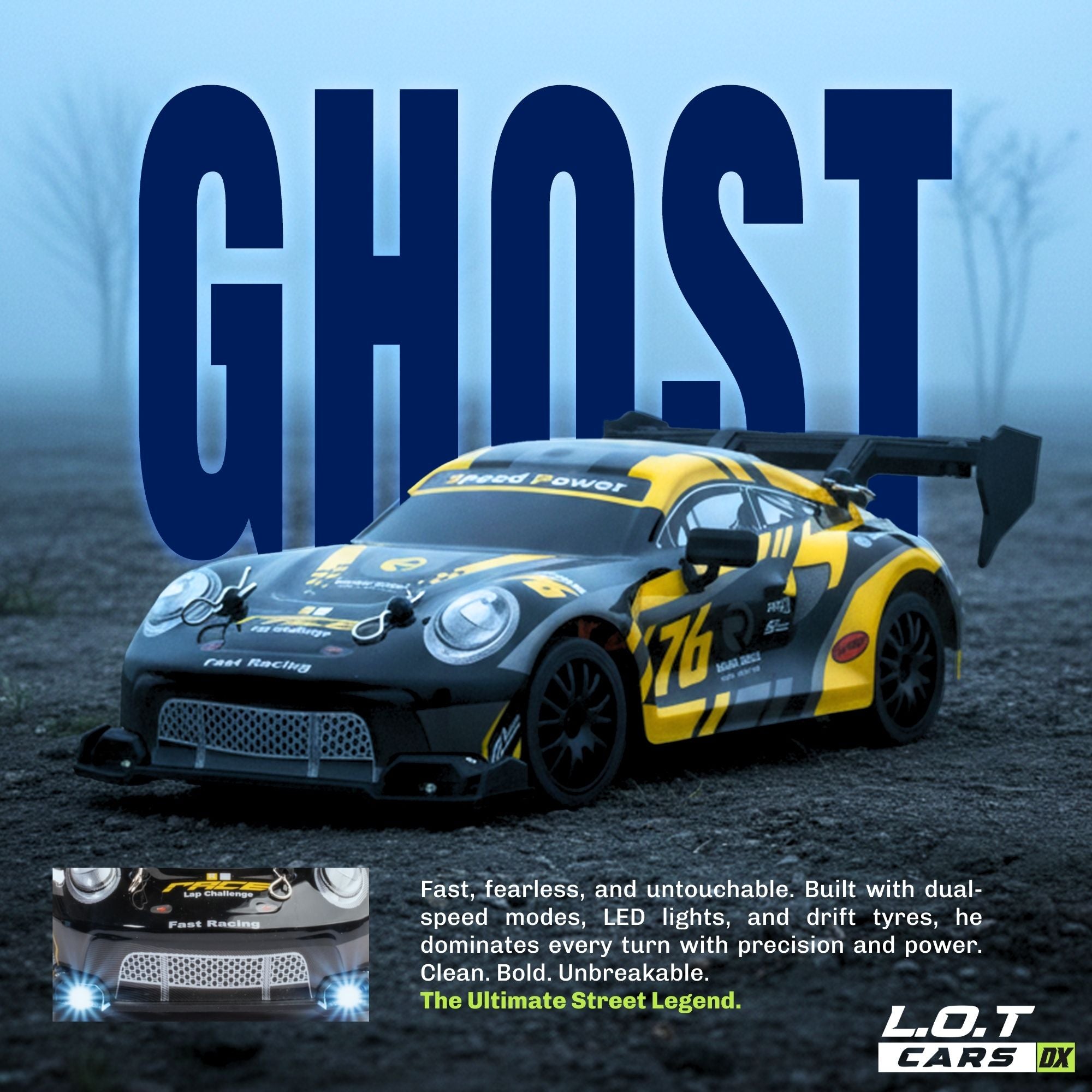 Yellow and black racing RC car with 'GHOST' branding on a misty road background.