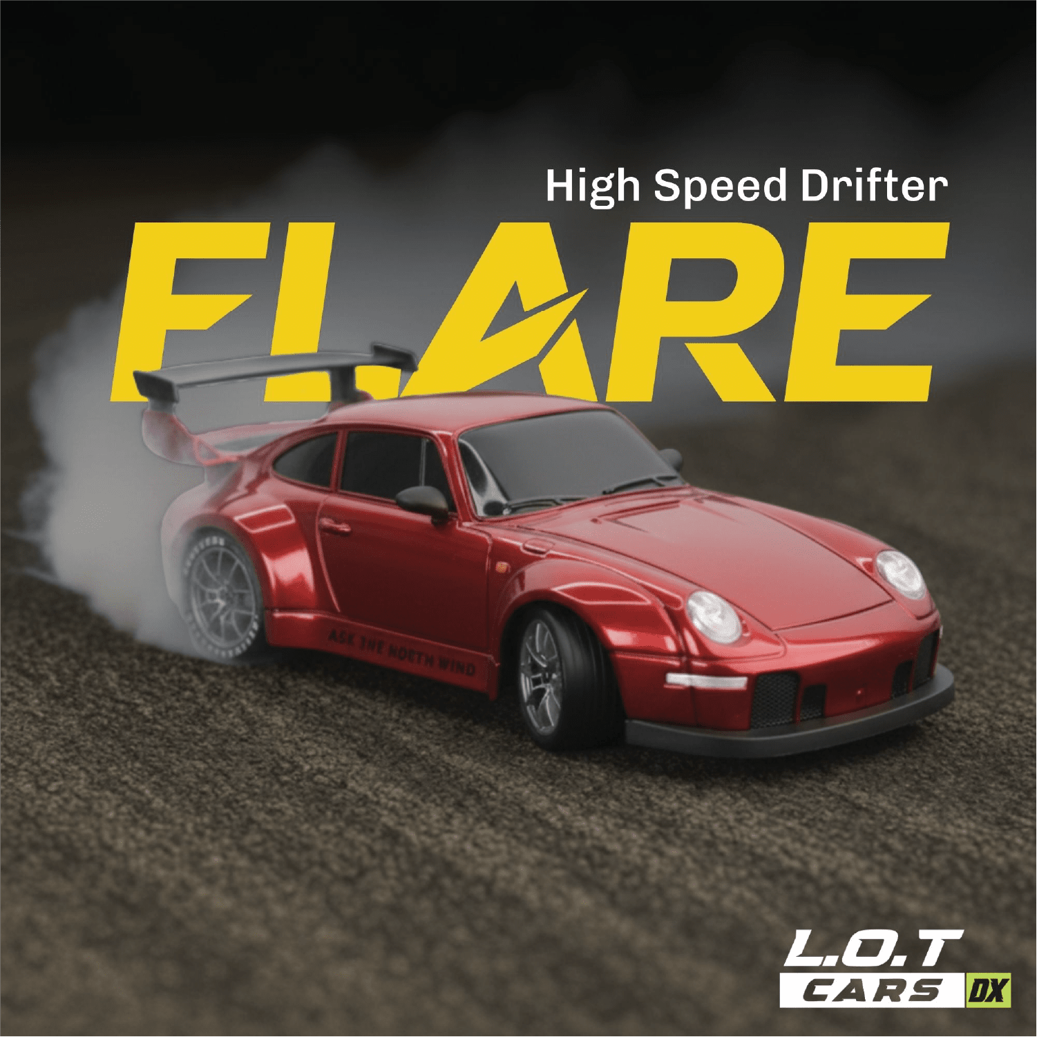 Red toy RC car with 'High Speed Drifter FLARE' text and 'L.O.T Cars' branding on a dark background.