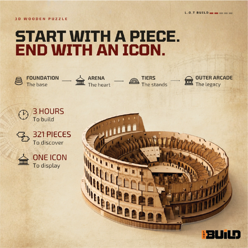 Wooden Colosseum model with its four build stages, 321 pieces and 3 hour build time called out