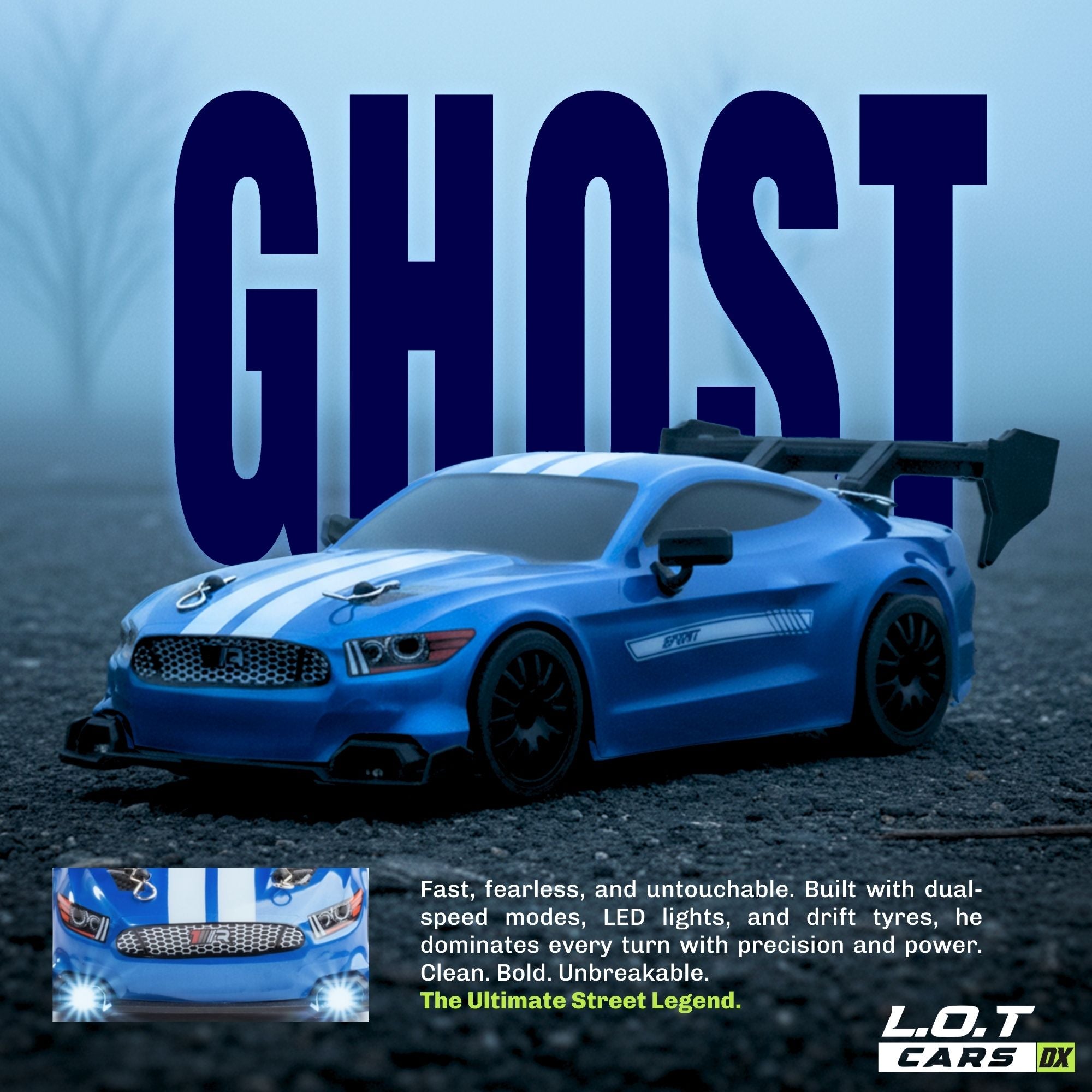 Blue toy RC car with 'GHOST' branding on a dark background