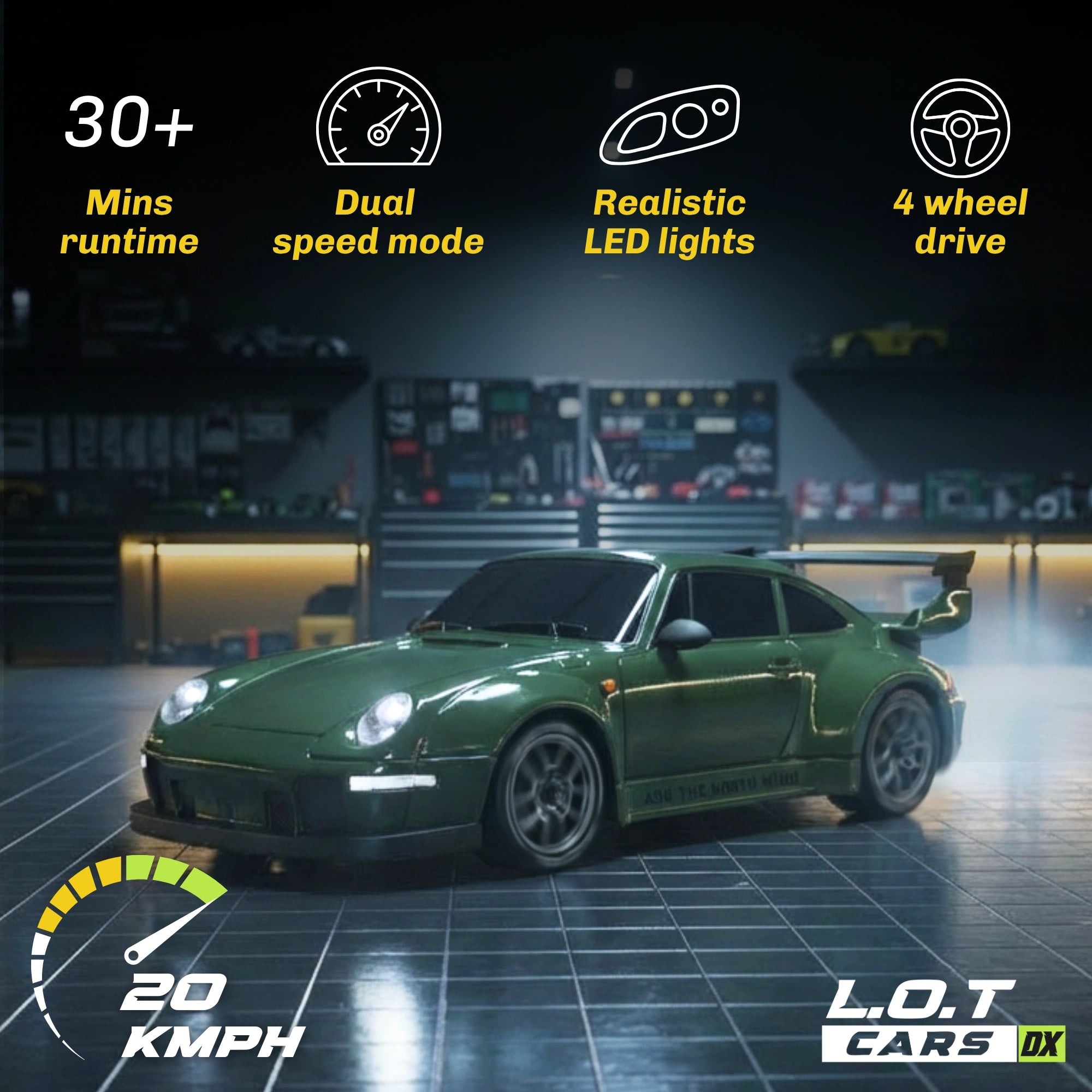 Green RC car with features listed on a dark background