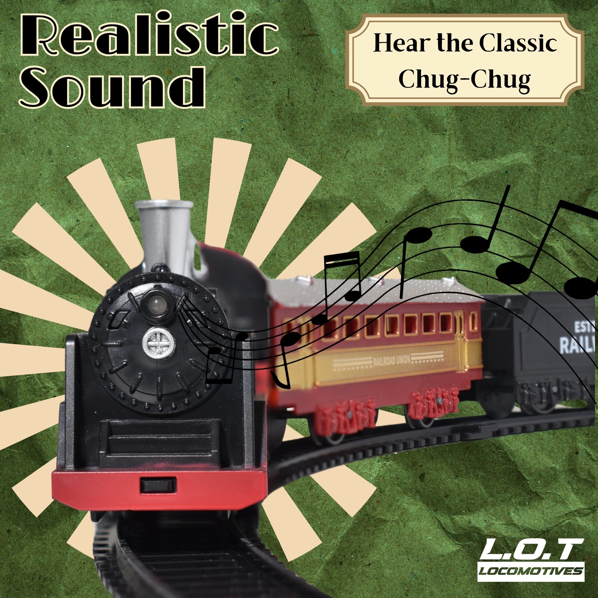 Toy train set with realistic sound feature on a green background