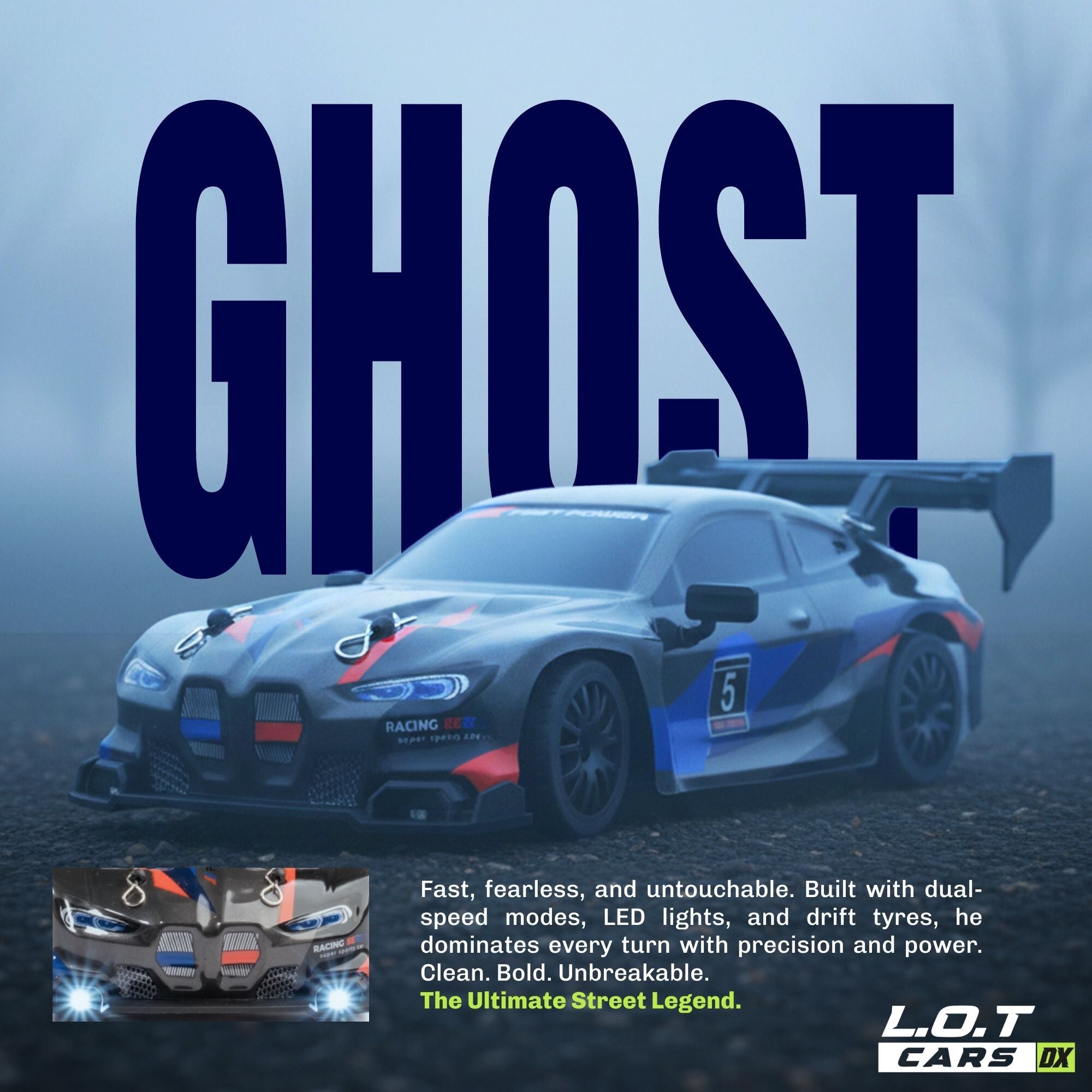 Racing RC car with 'GHOST' branding on a dark background