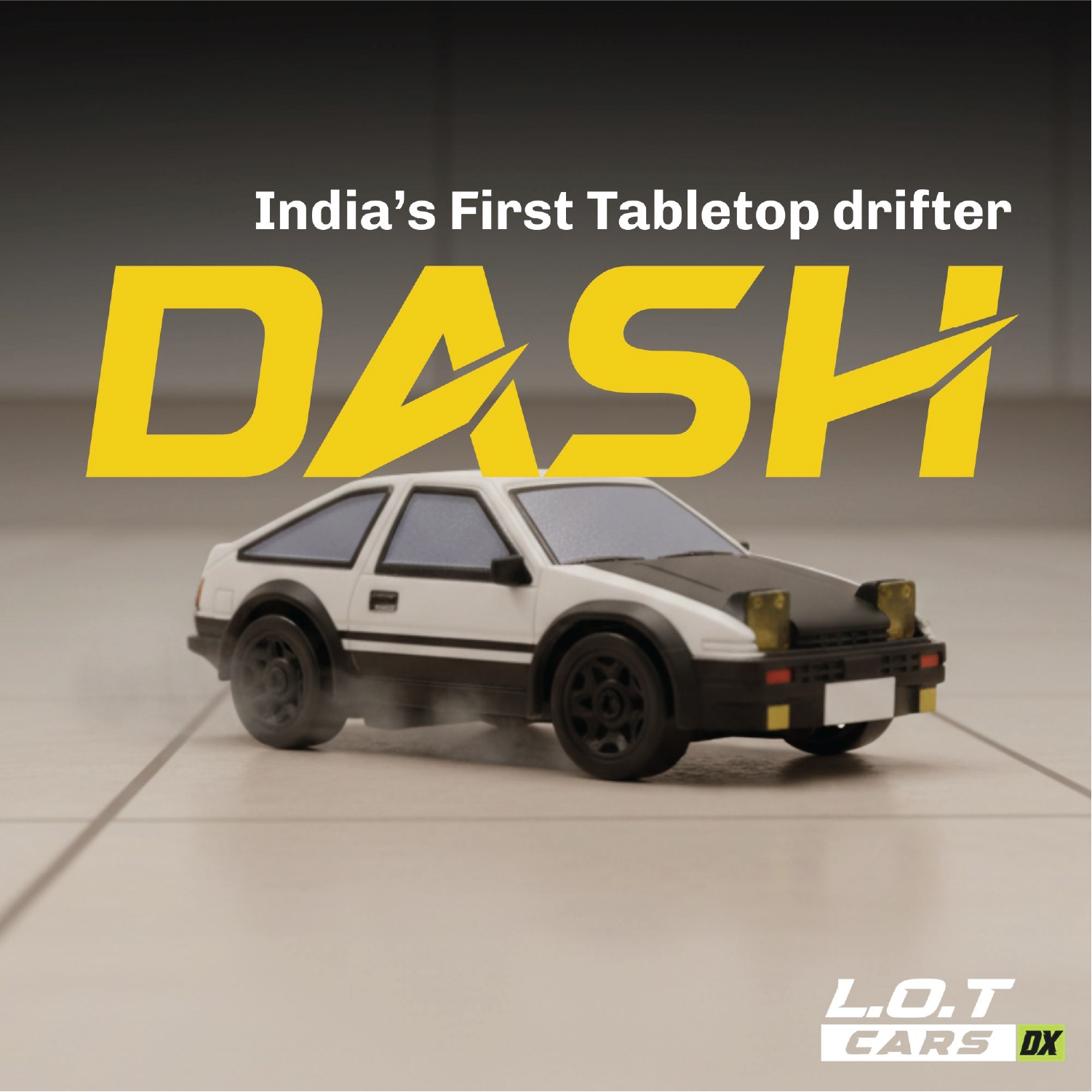 Model RC car with 'DASH' branding on a gray background