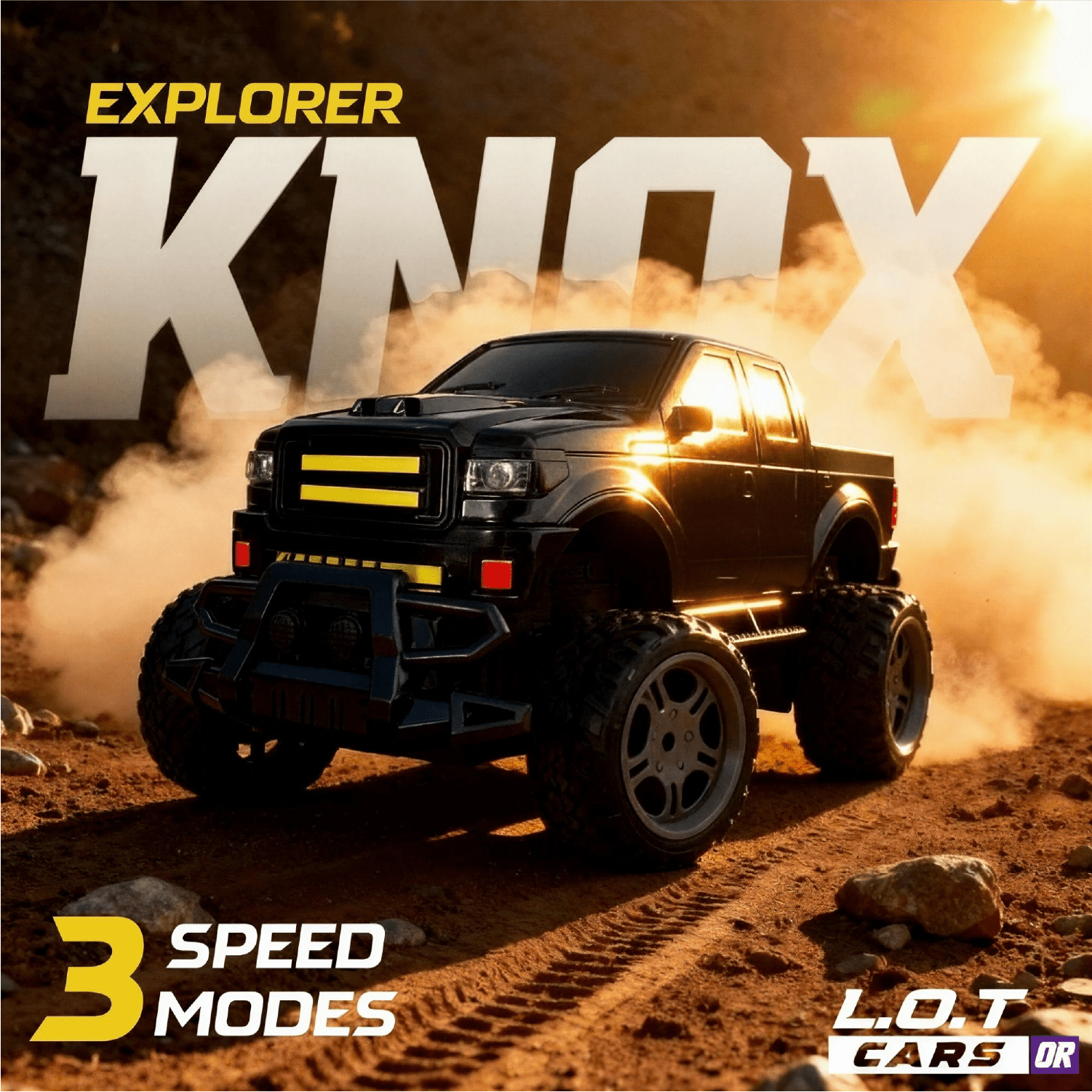 Black toy RC truck on a dirt road with 'Explorer Knox' branding and '3 Speed Modes' text.