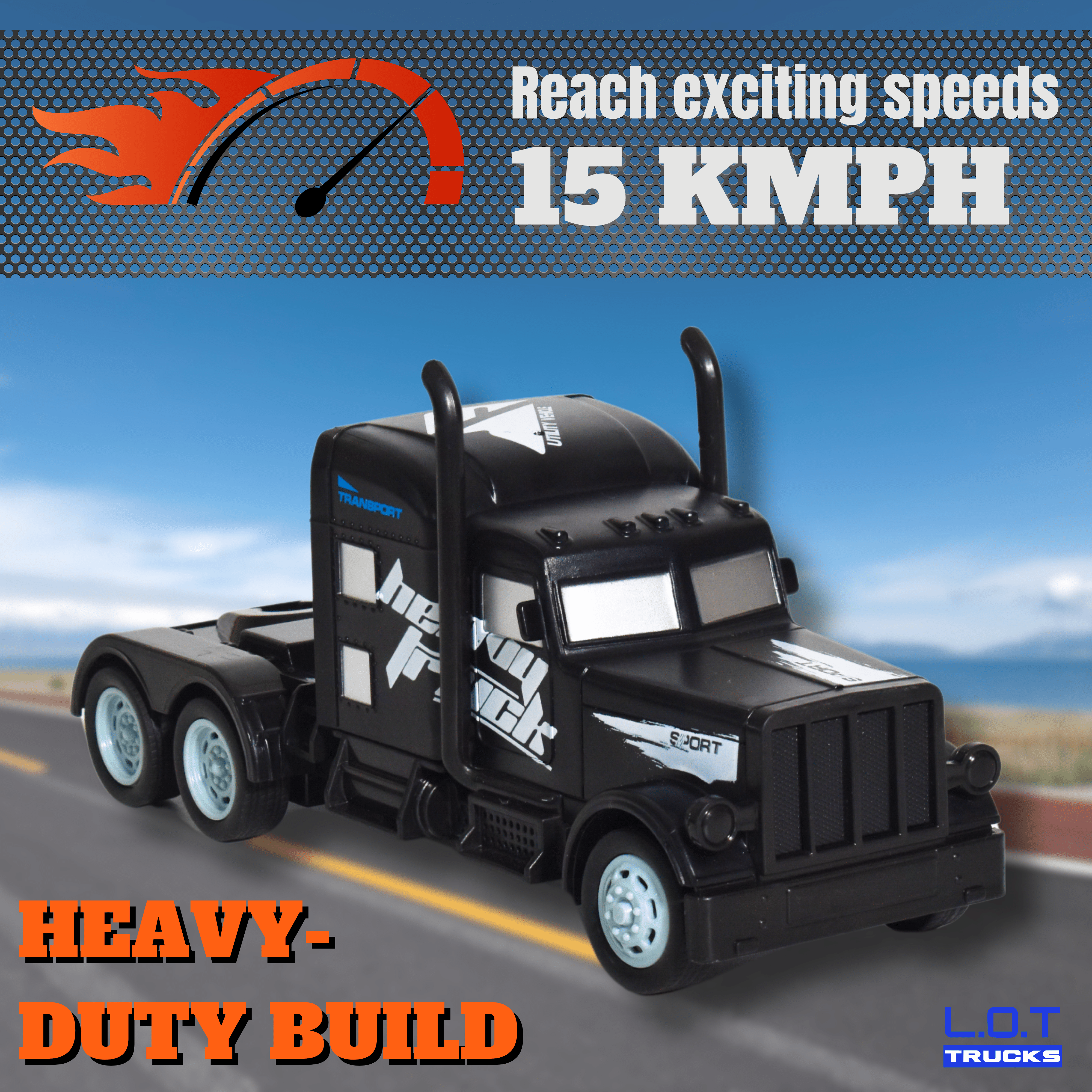Black RC truck on a road with promotional text about speed and build quality.