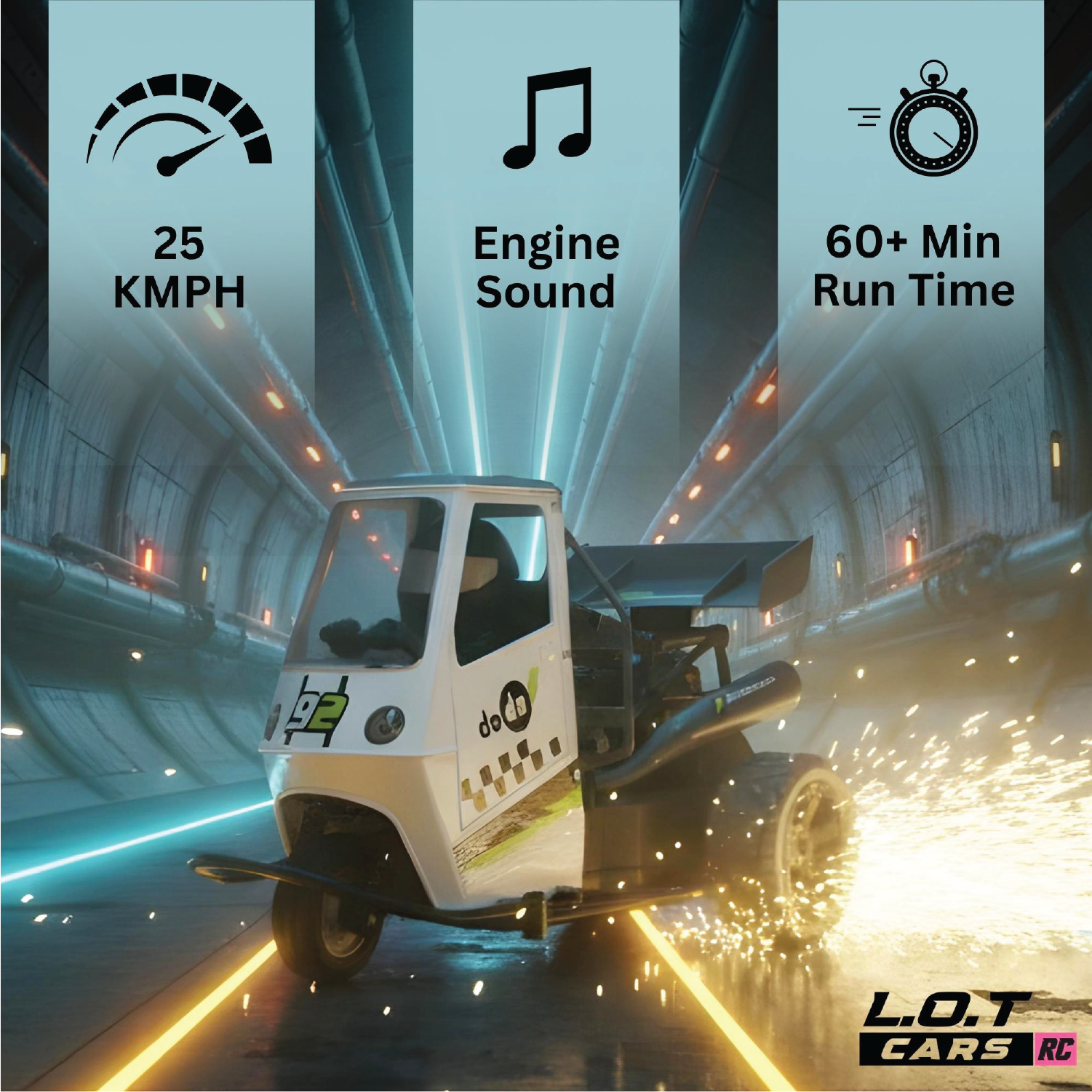 Promotional image of a remote-controlled vehicle with specifications on speed, engine sound, and run time.