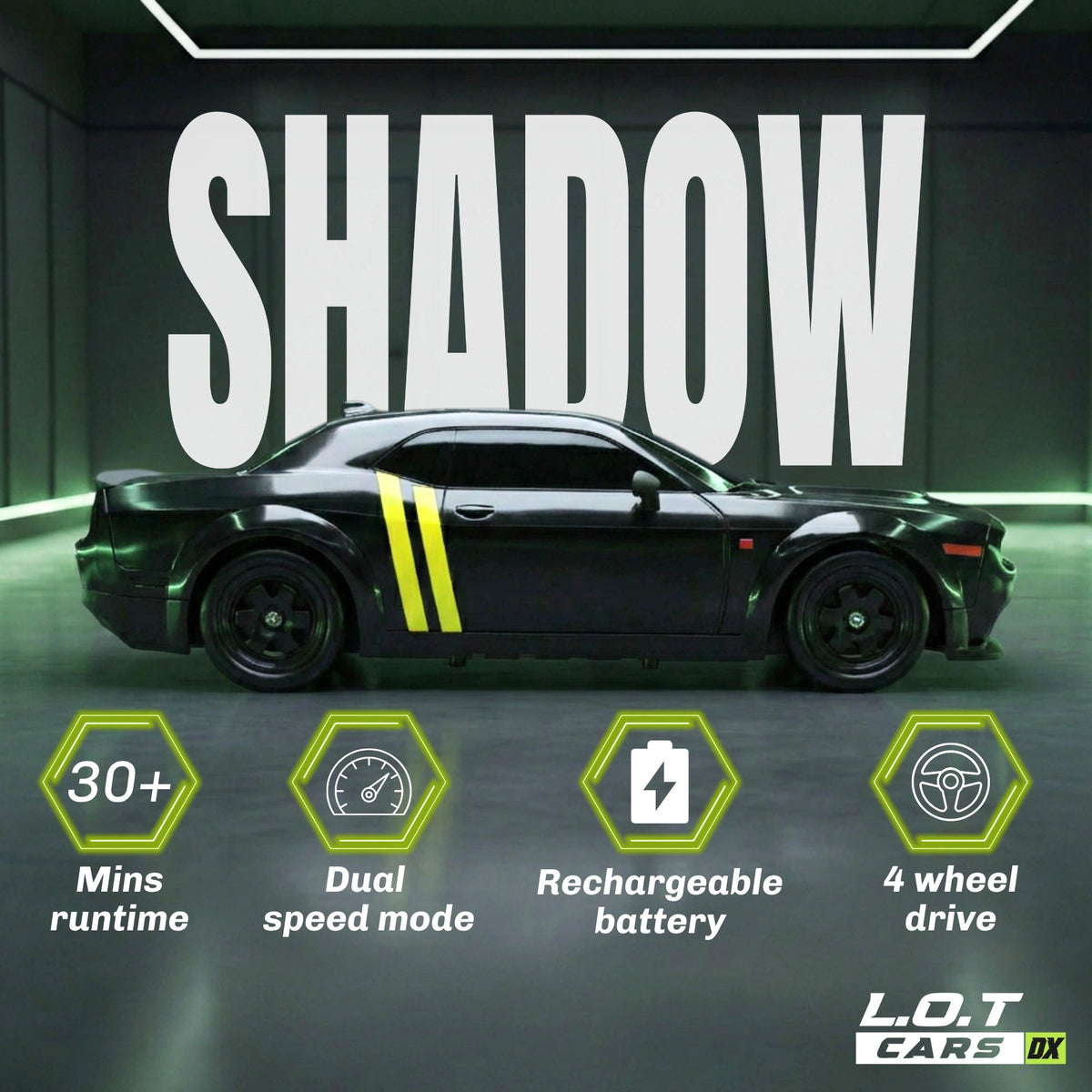Black RC car with yellow stripes on a dark background, featuring the brand 'L.O.T Cars'.