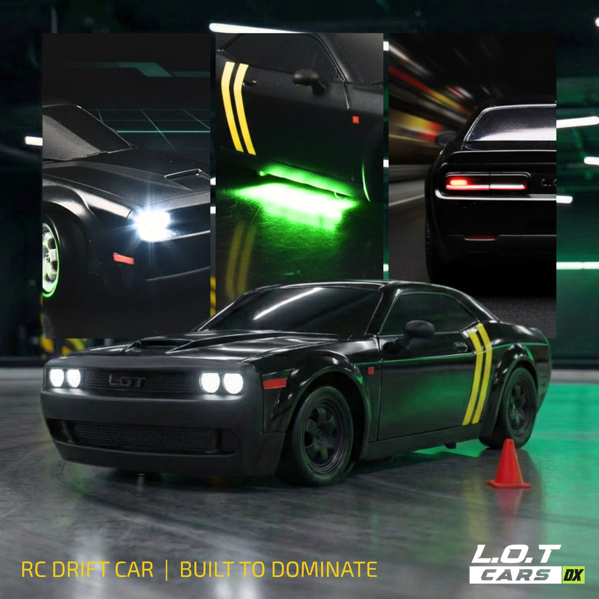 Black and green RC drift car with illuminated parts on a track, featuring L.O.T Cars branding.
