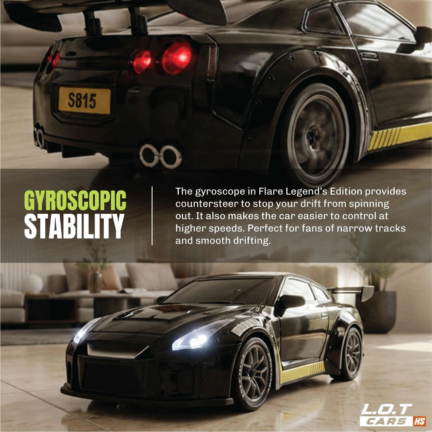 Black RC car with red lights and yellow accents on a wooden floor, featuring text about gyroscopic stability.
