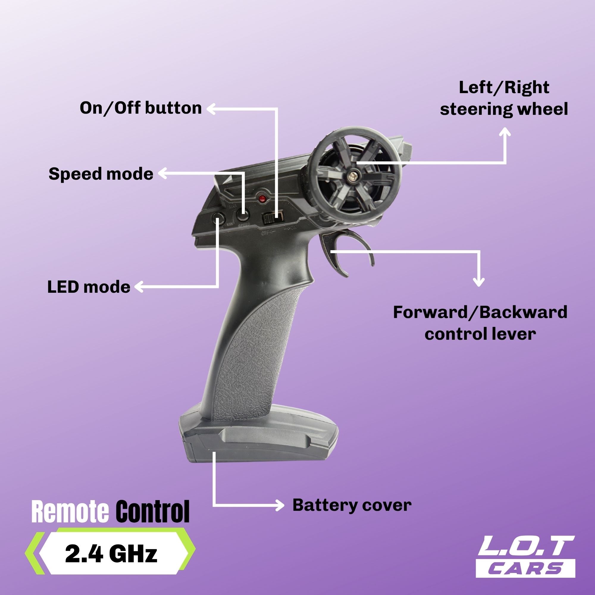 Remote control with labeled buttons on a purple background, featuring L.O.T Cars branding.