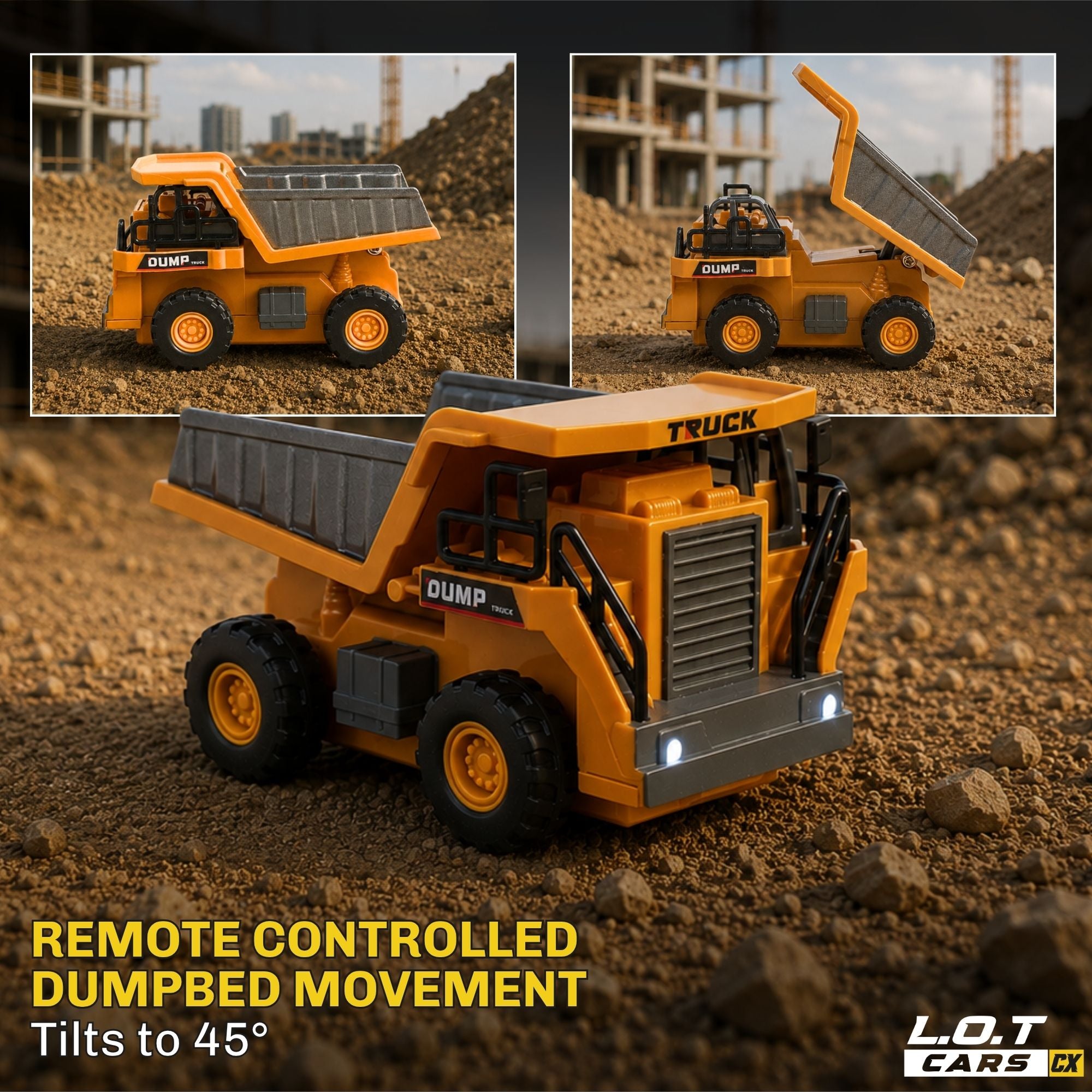 RC dump truck with remote control features on a construction site background