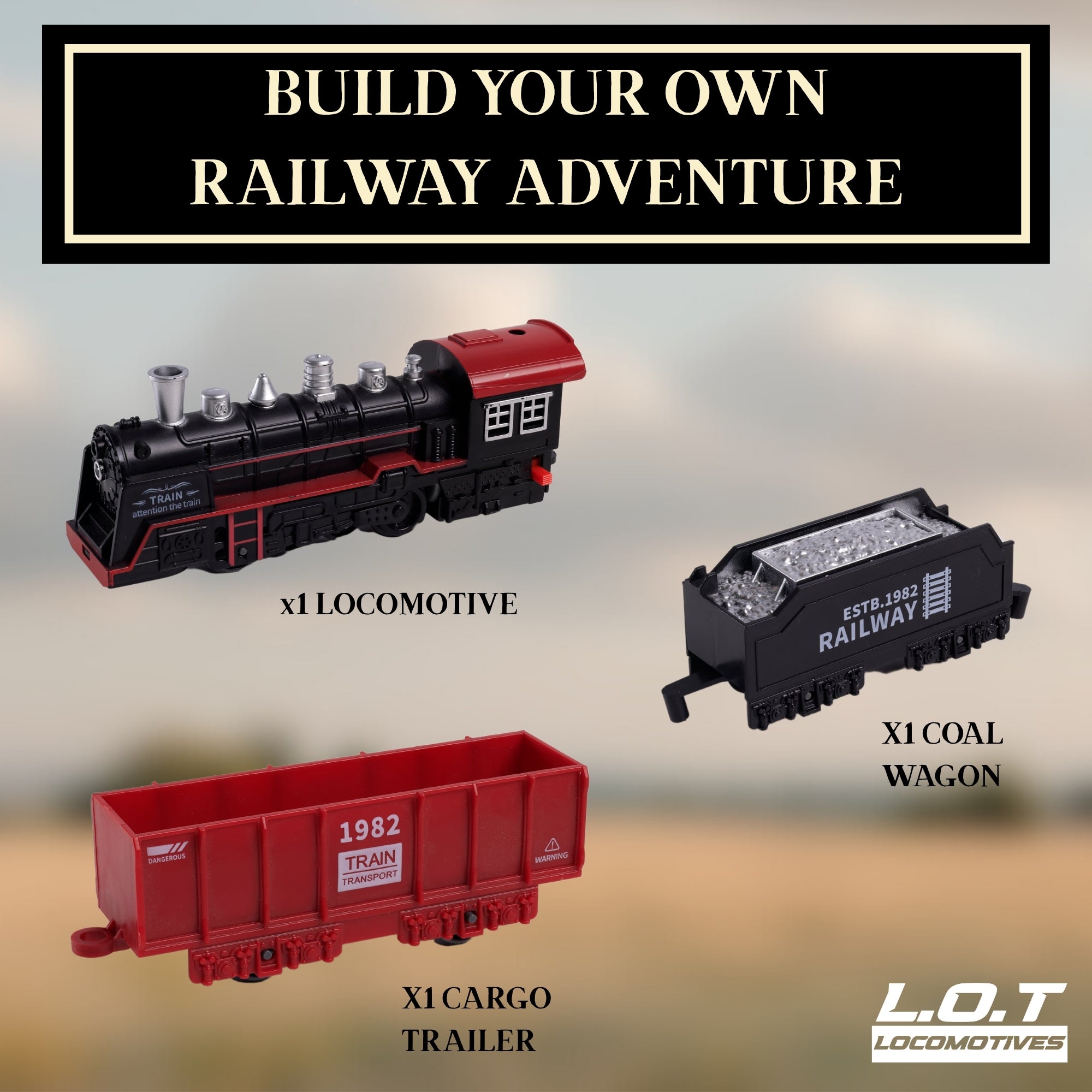 Remote controlled train set with locomotive, coal wagon, and cargo trailer on a gradient background.