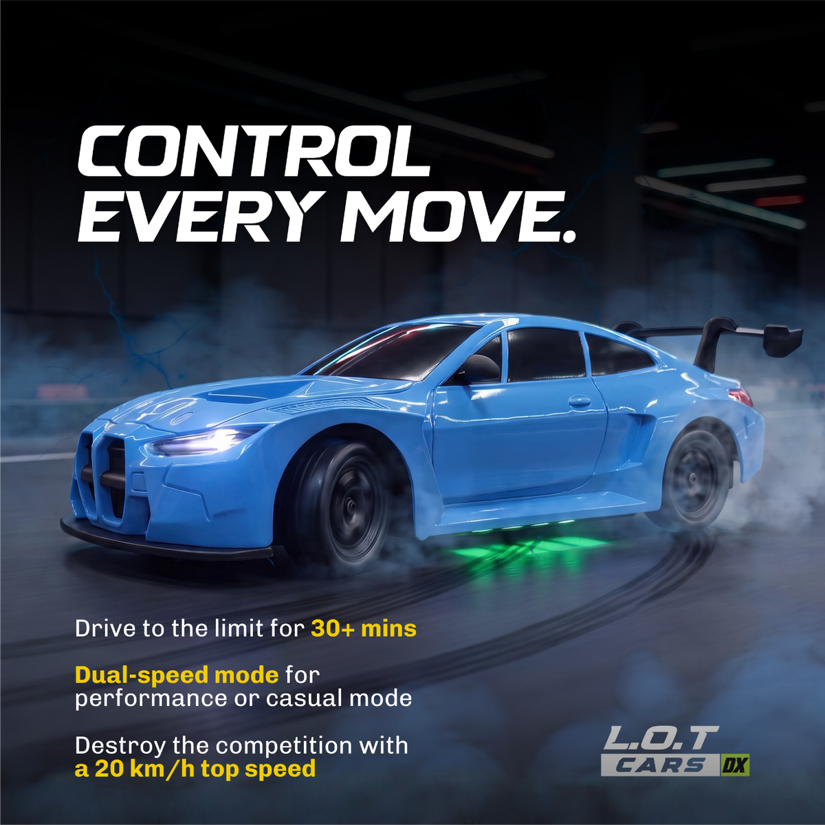 Control every move: the blue Bhoot drifting through smoke, with 30+ minutes of driving, dual speed modes and a 20 km/h top speed