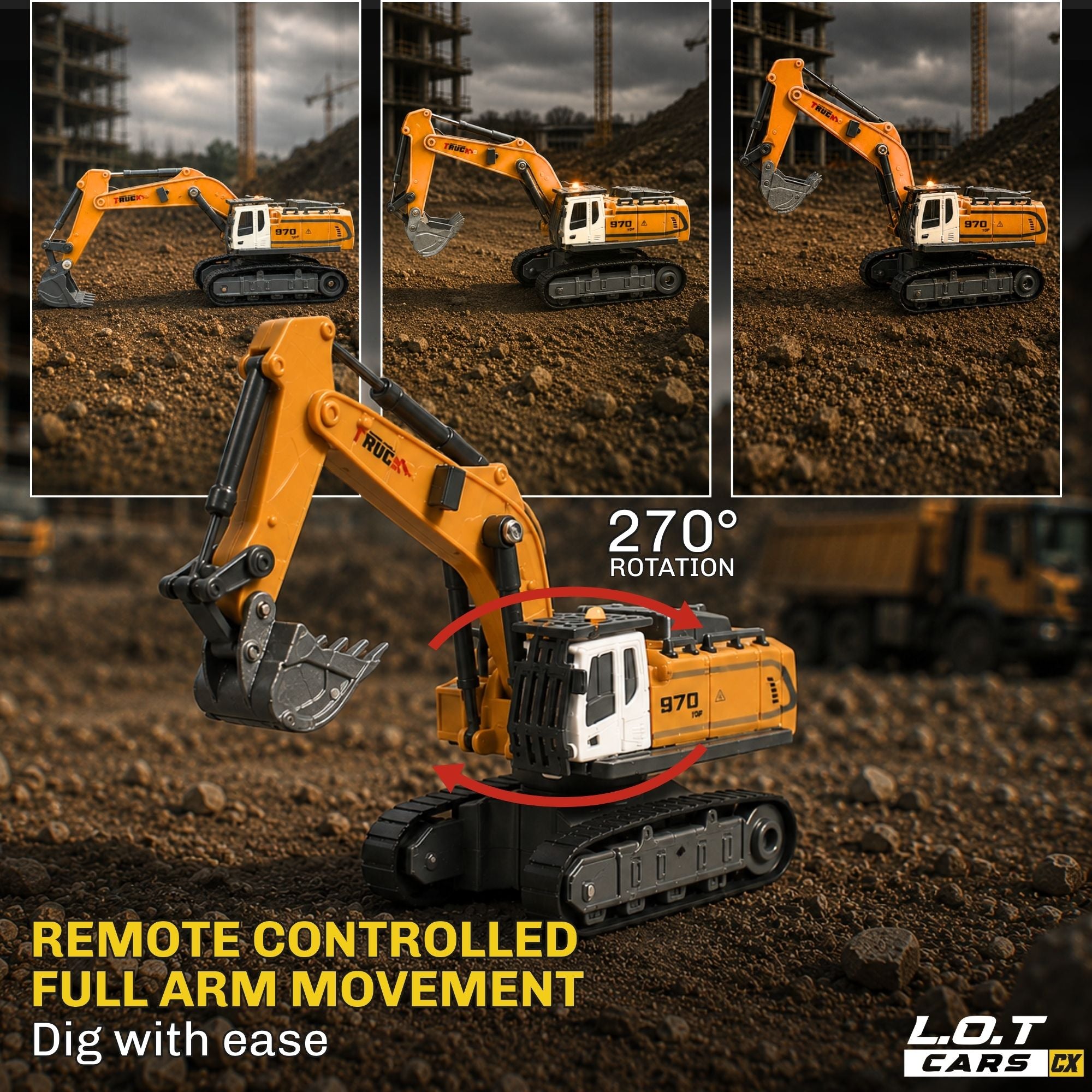 RC excavator with 270-degree rotation on a construction site background.