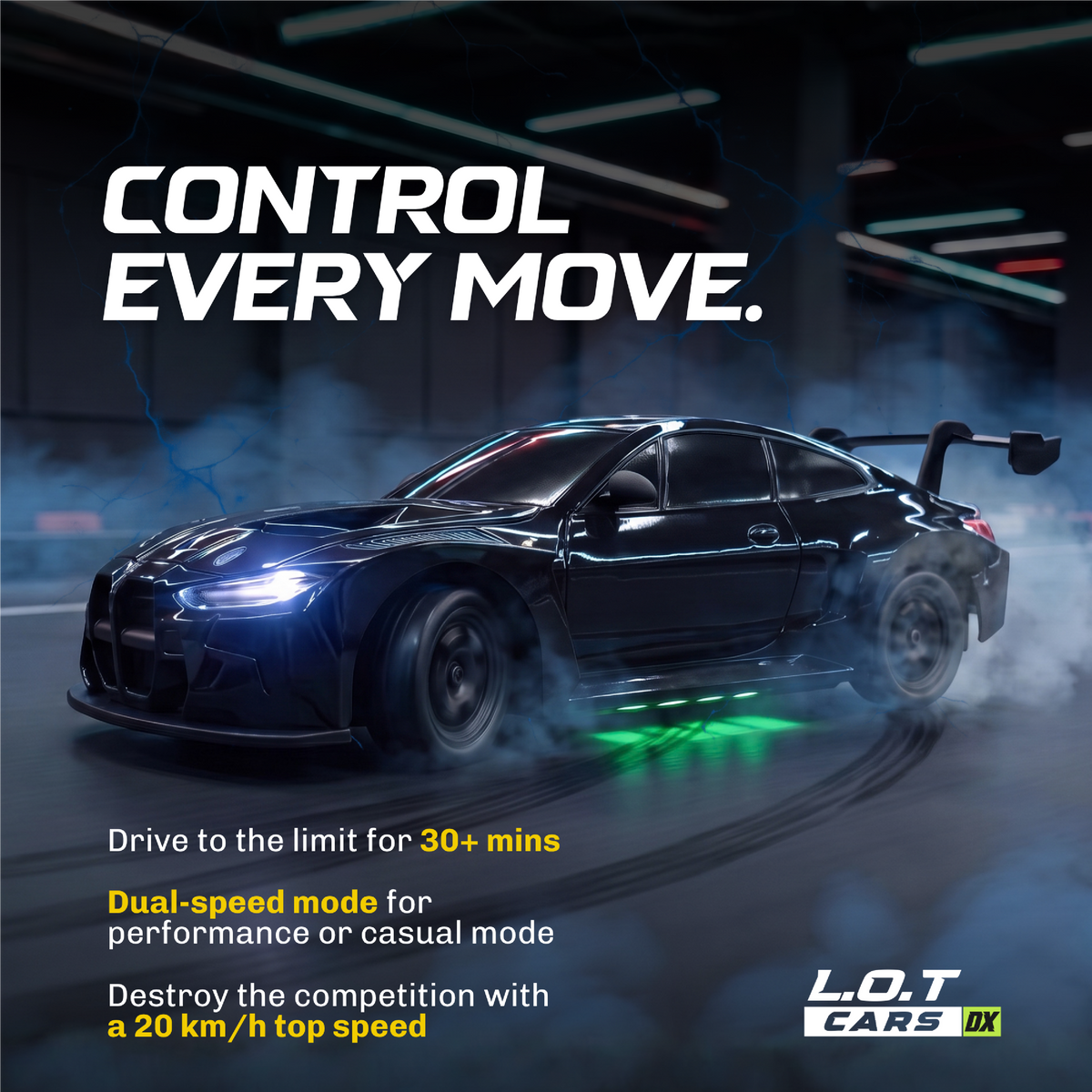 Control every move: the black Bhoot drifting through smoke, with 30+ minutes of driving, dual speed modes and a 20 km/h top speed