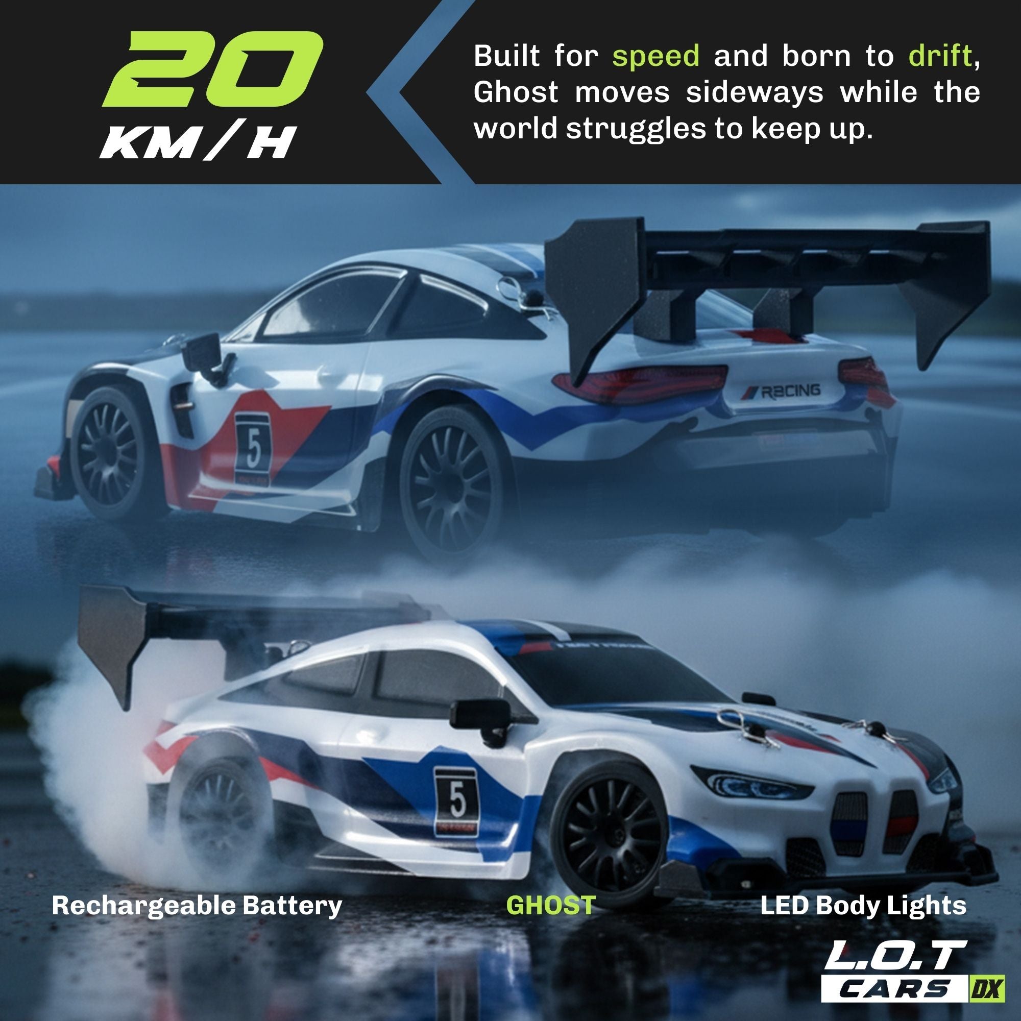 Toy RC car with drift features on a dark background