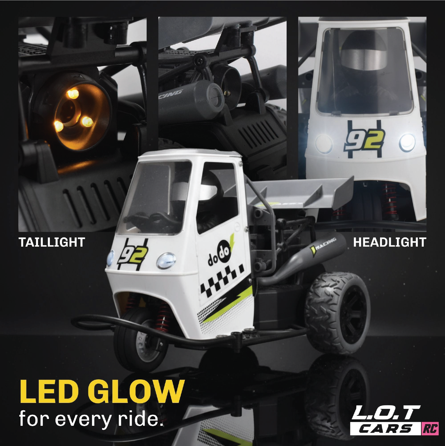 Toy RC truck with detailed parts labeled 'taillight' and 'headlight', featuring LED glow, on a black background.