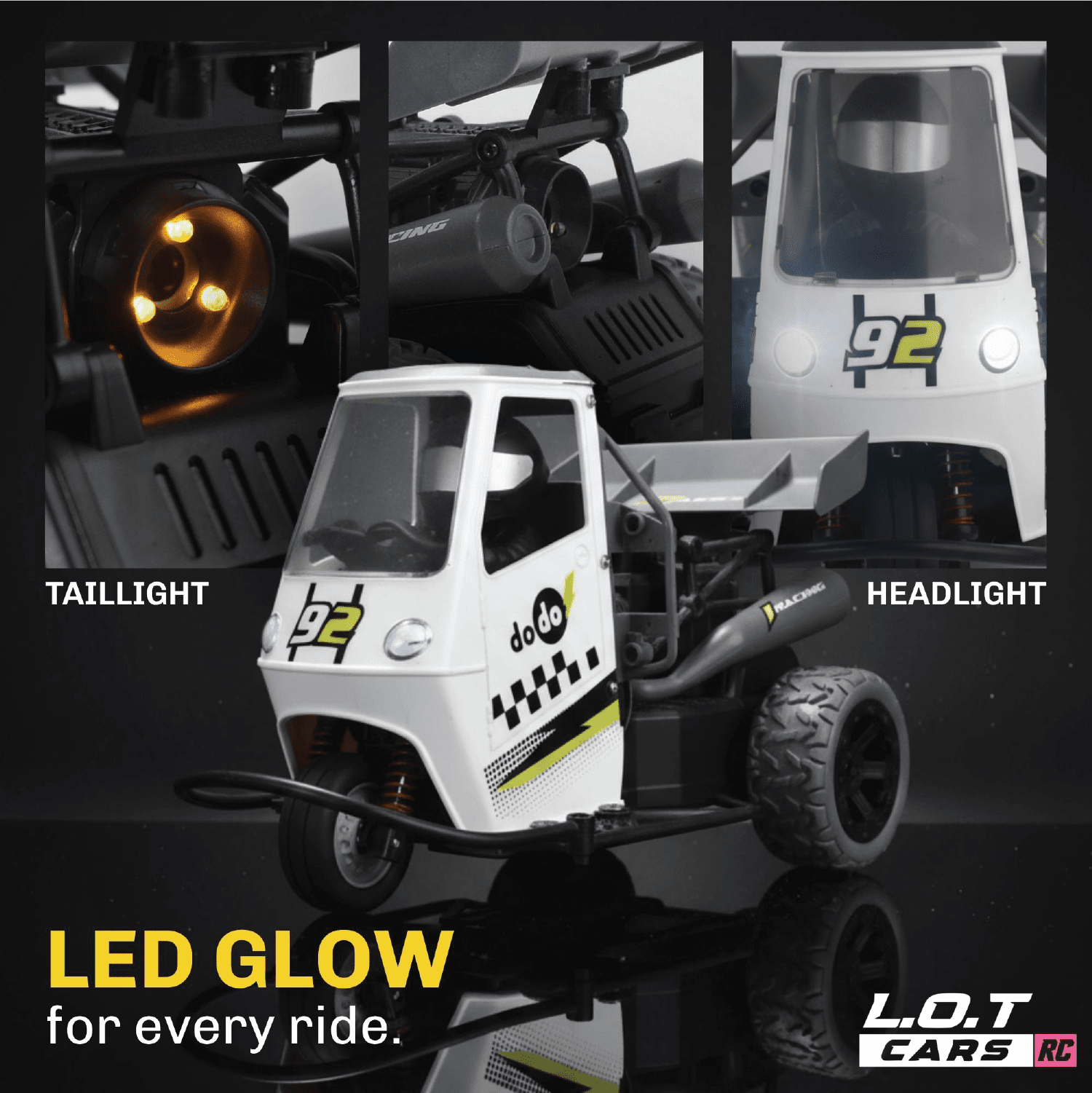 Toy RC truck with detailed parts labeled 'taillight' and 'headlight', featuring LED glow, on a black background.