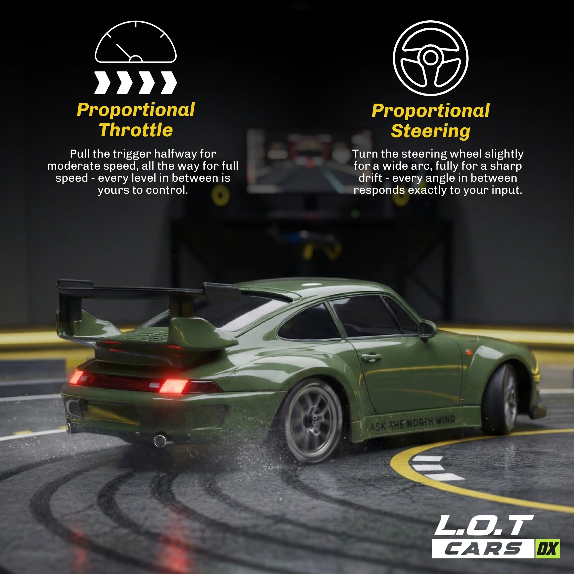 Green RC car on a racetrack with proportional throttle and steering instructions.