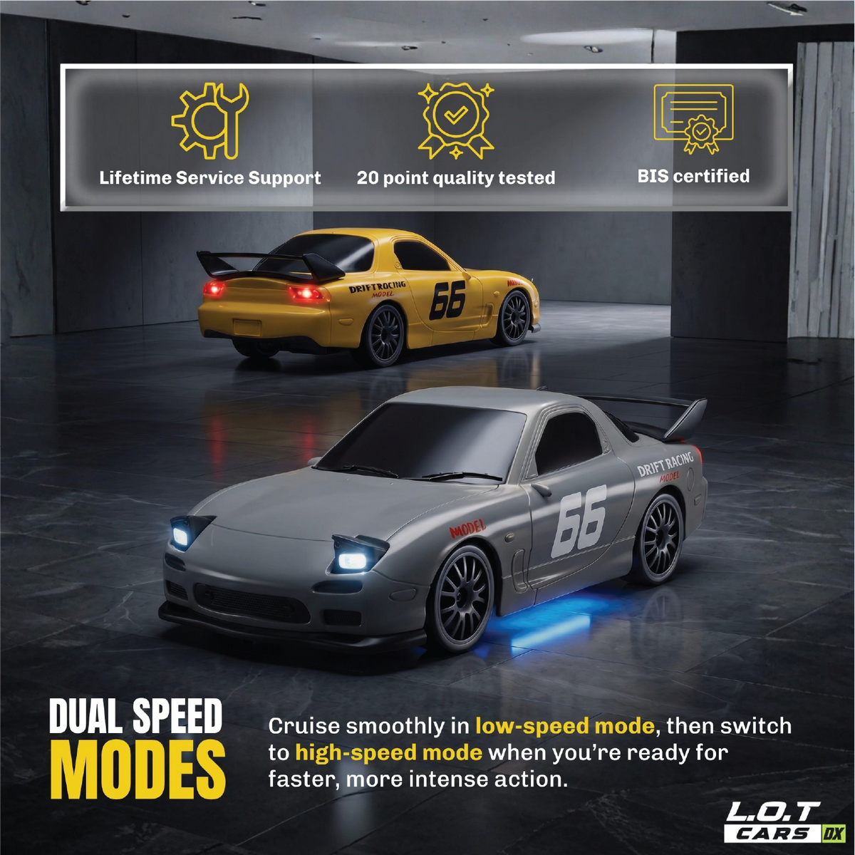 Dual speed modes on the grey Vortex: cruise in low-speed mode, then switch to high speed, above trust badges