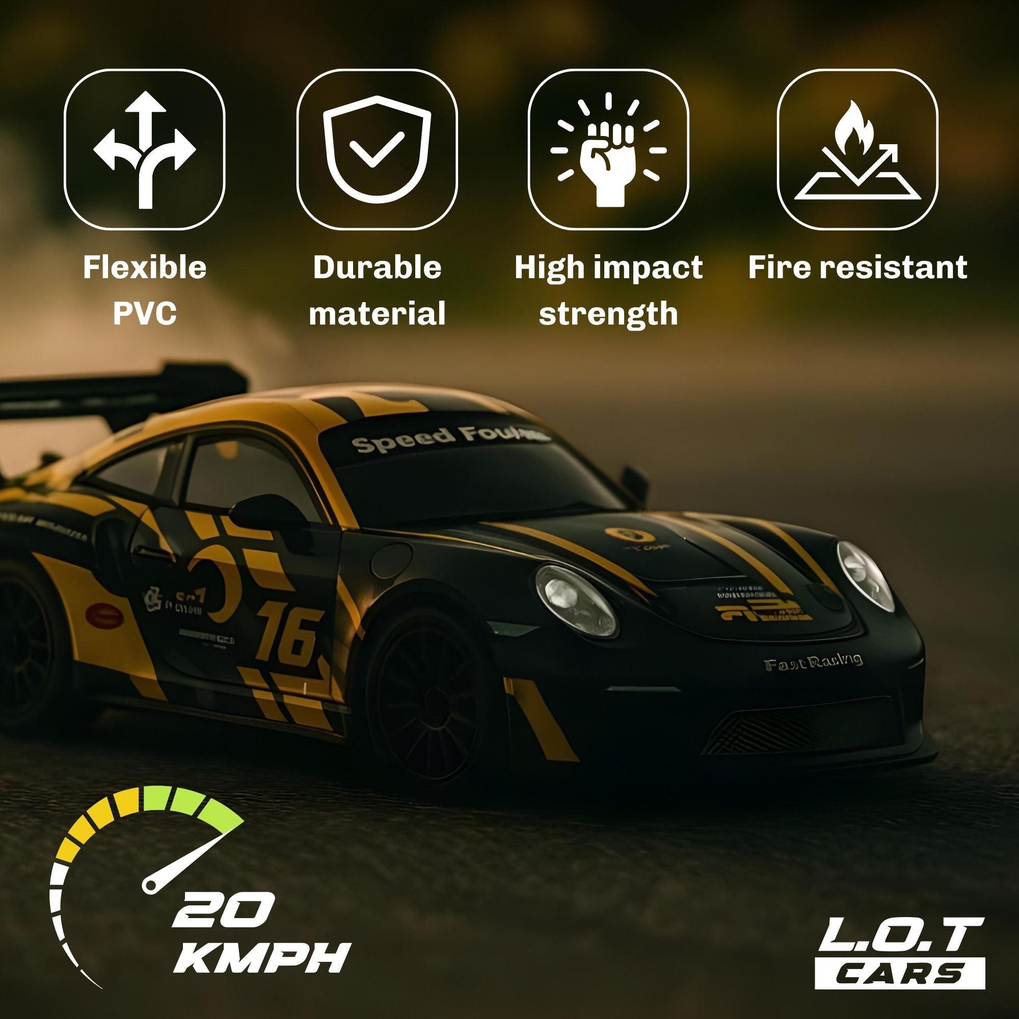 RC Race car with features listed on a dark background