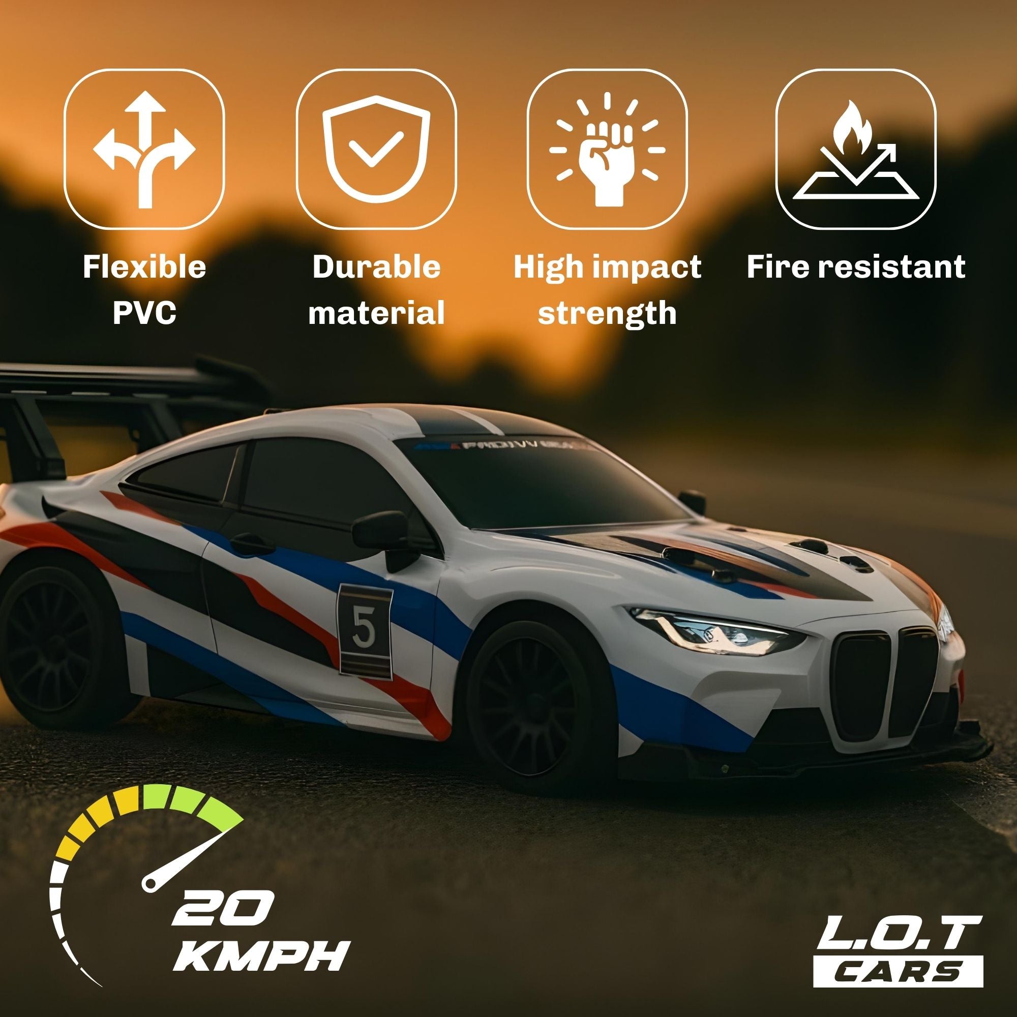 White RC Race car on a track with product features displayed above