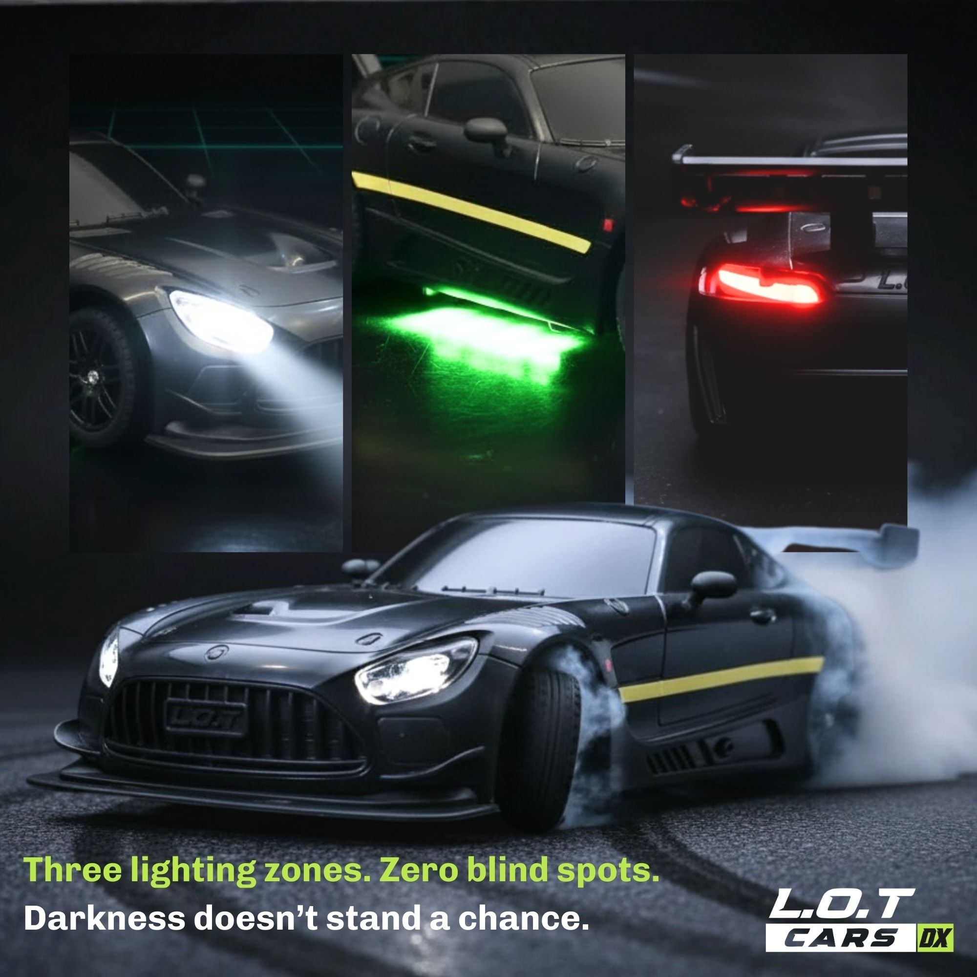 Black sports RC car with various lights on in a dark setting, featuring L.O.T Cars branding.
