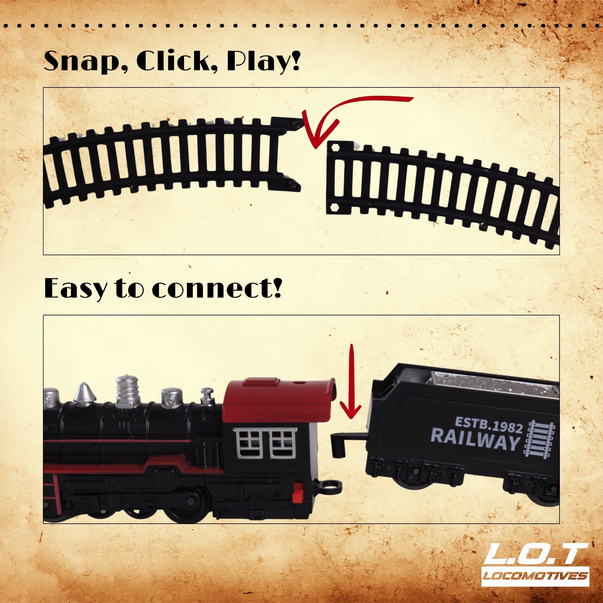 Toy train set with tracks on a vintage-style background, featuring text 'Snap, Click, Play!' and 'Easy to connect!'.