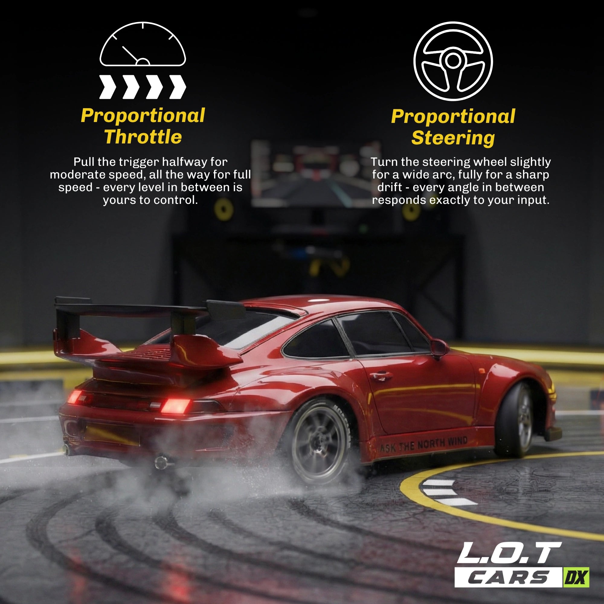 Red RC car on a racetrack with text about proportional throttle and steering.
