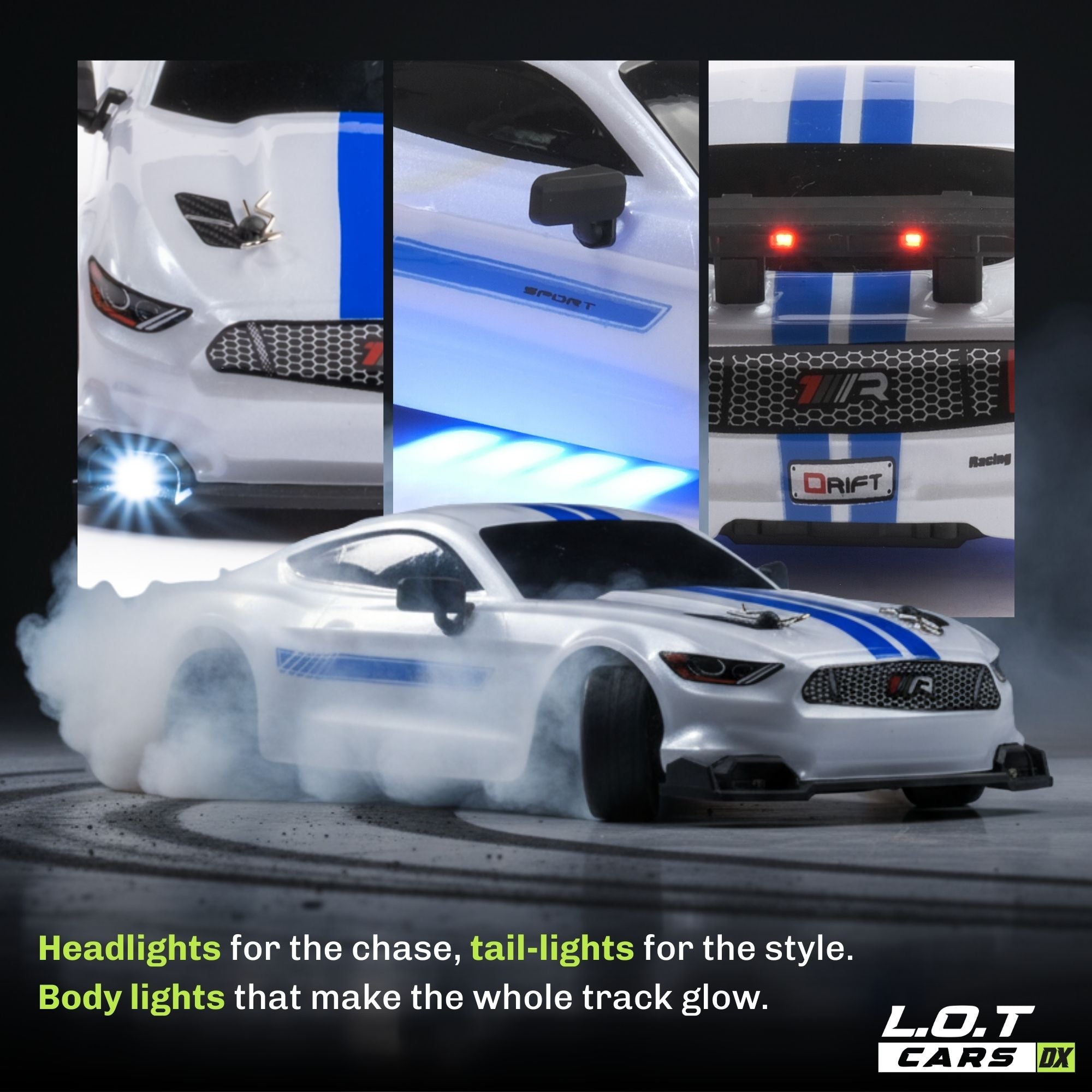 White RC car with blue stripes performing a drift on a track, featuring various lights.