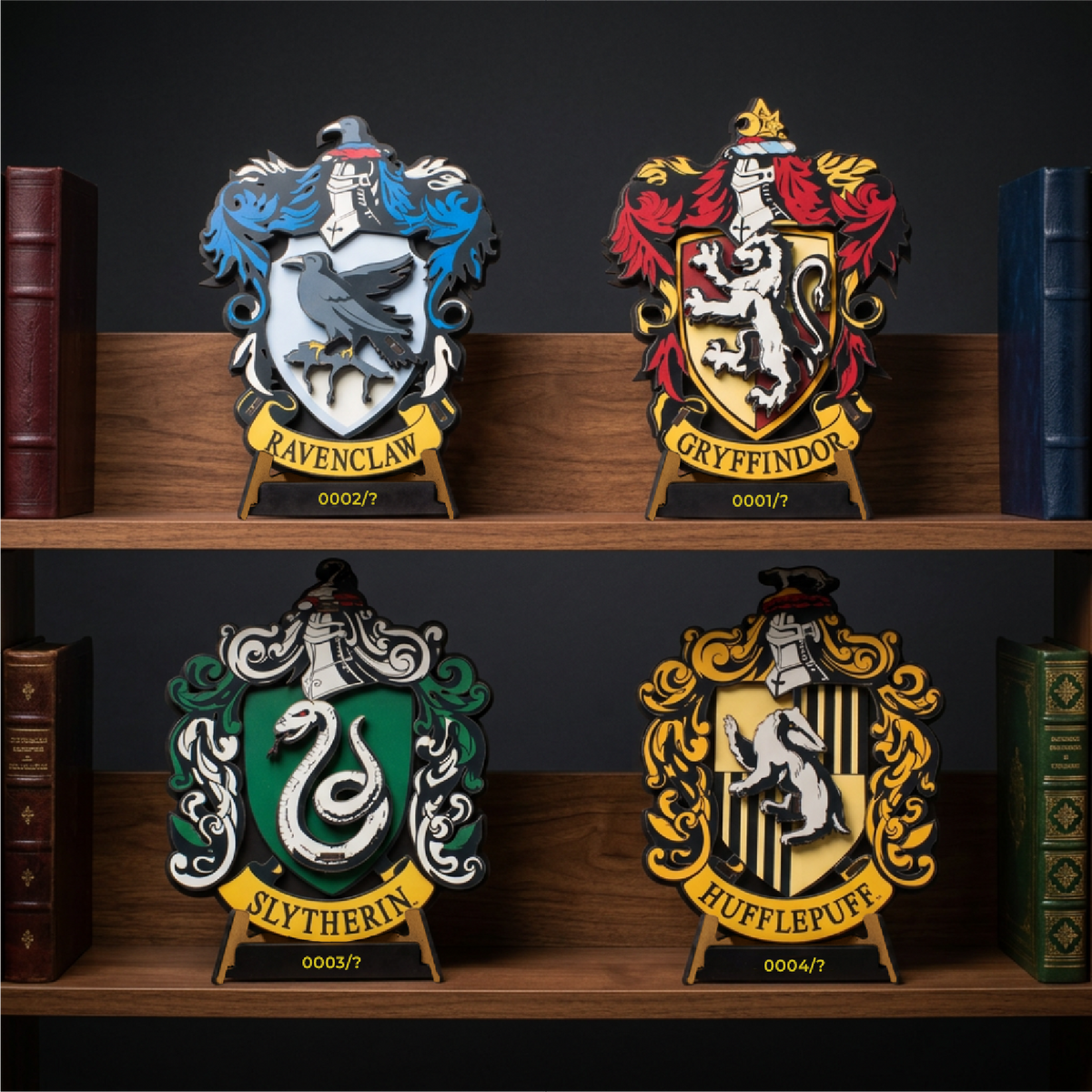 All four Hogwarts house crests on wooden shelves: Ravenclaw, Gryffindor, Slytherin, Hufflepuff
