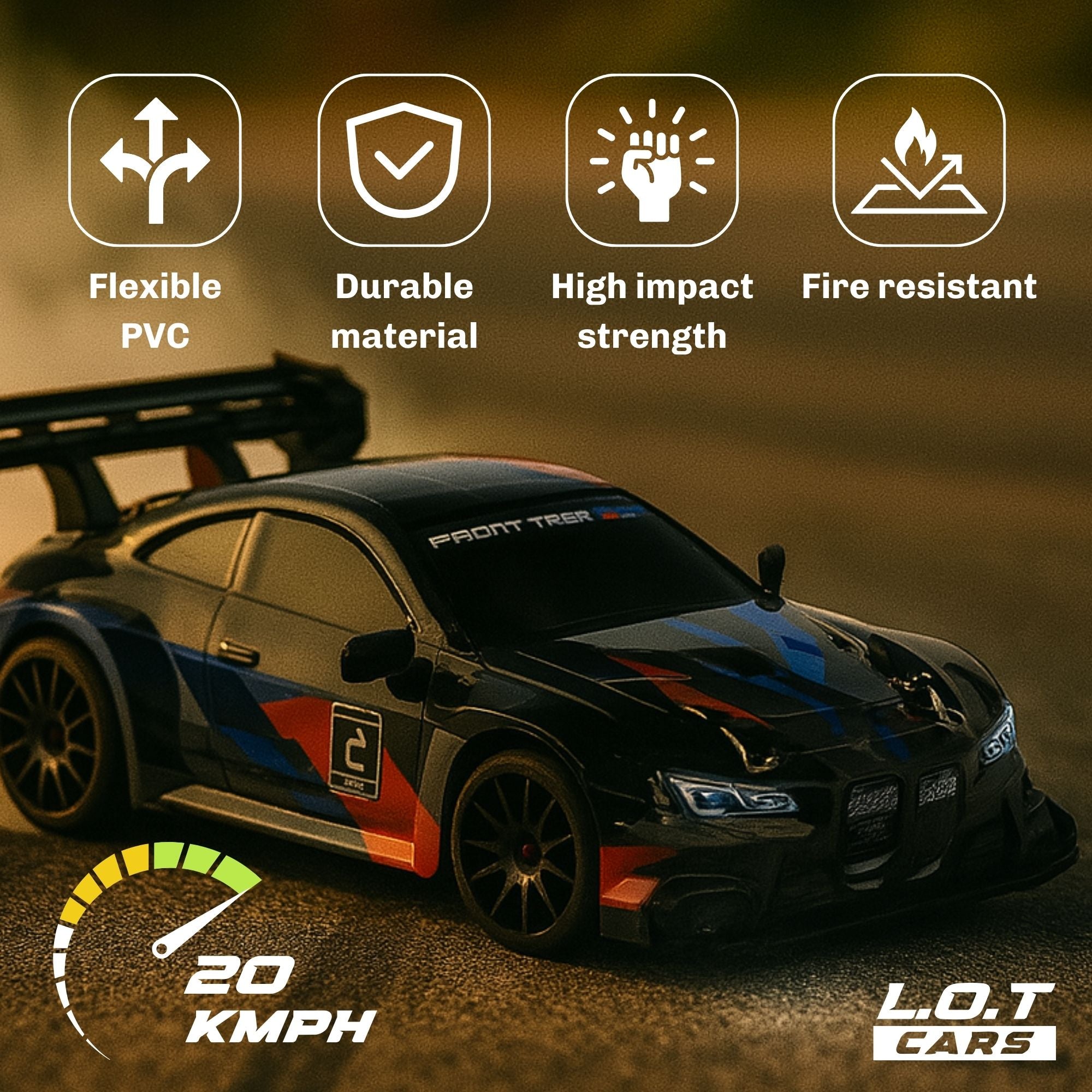 Black RC Model car with features listed above it on a dark background