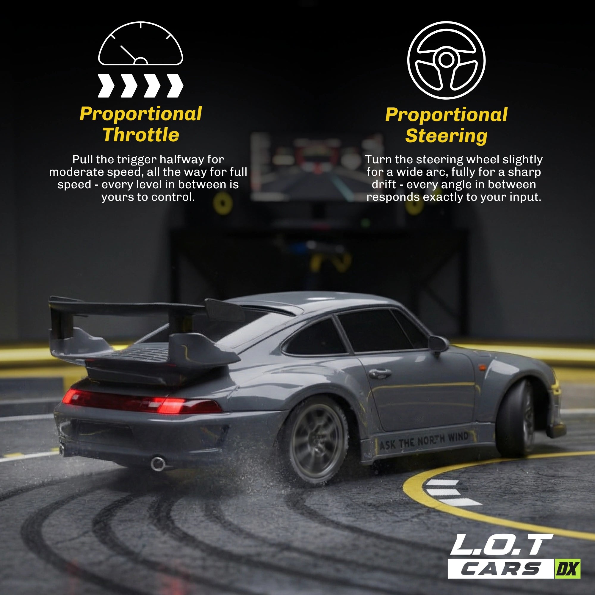 RC car on a track with proportional throttle and steering text, L.O.T Cars DX branding.