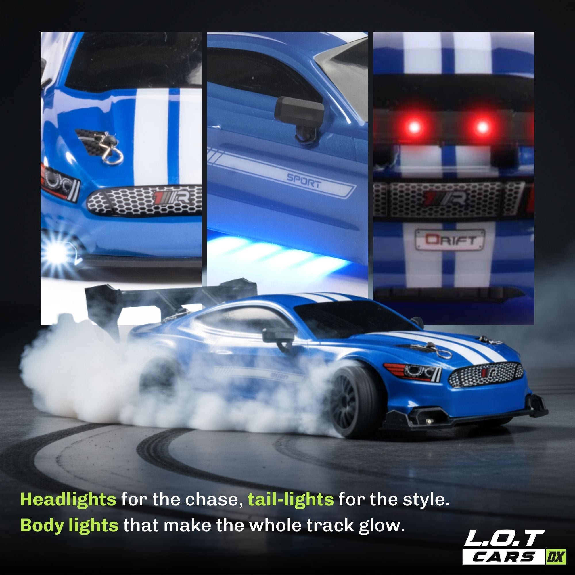 Blue sports RC car performing a drift with various light components highlighted, featuring L.O.T Cars branding.