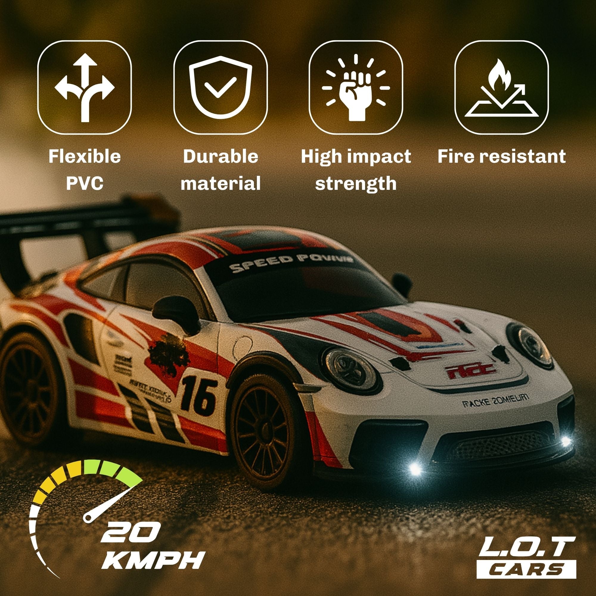 Model RC race car with features listed on a blurred background