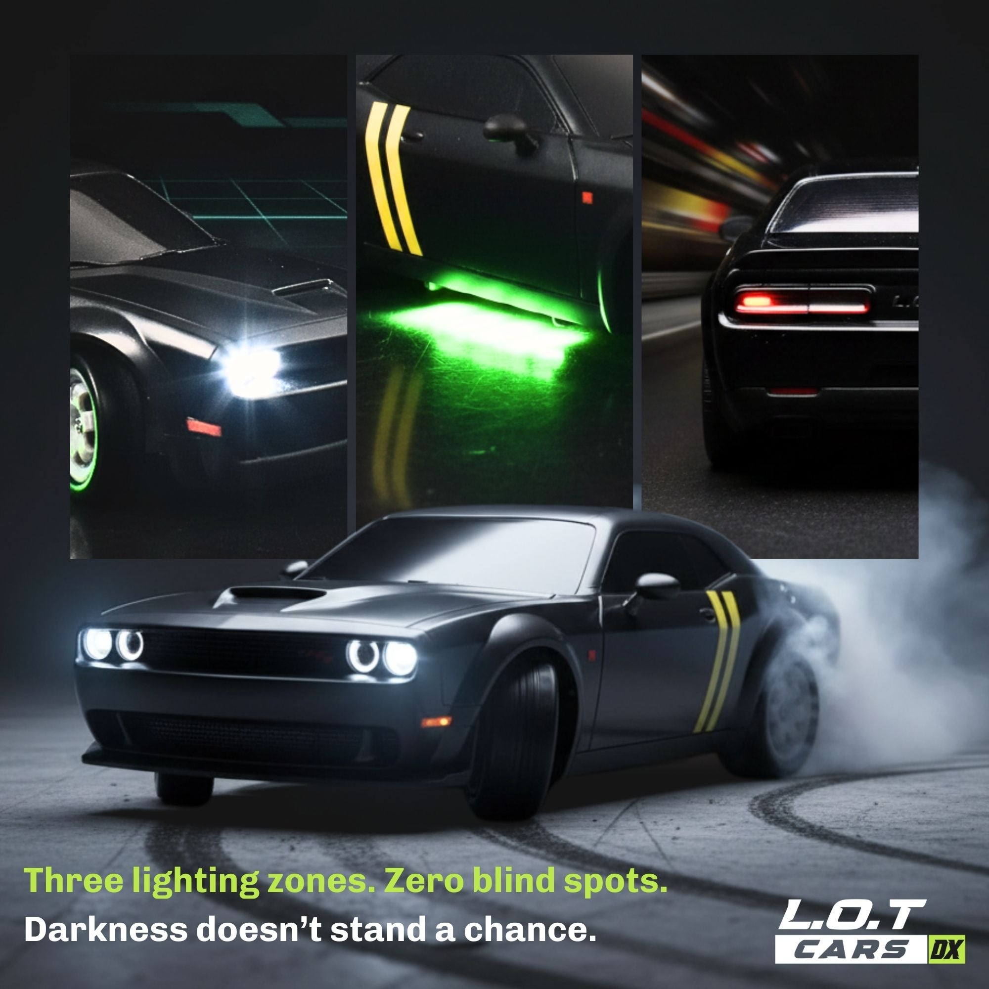 Black RC car with yellow accents in a dark setting, showcasing different lighting features.