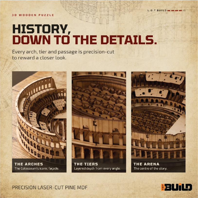 Close-ups of the Colosseum model's arches, layered tiers and central arena in laser-cut pine