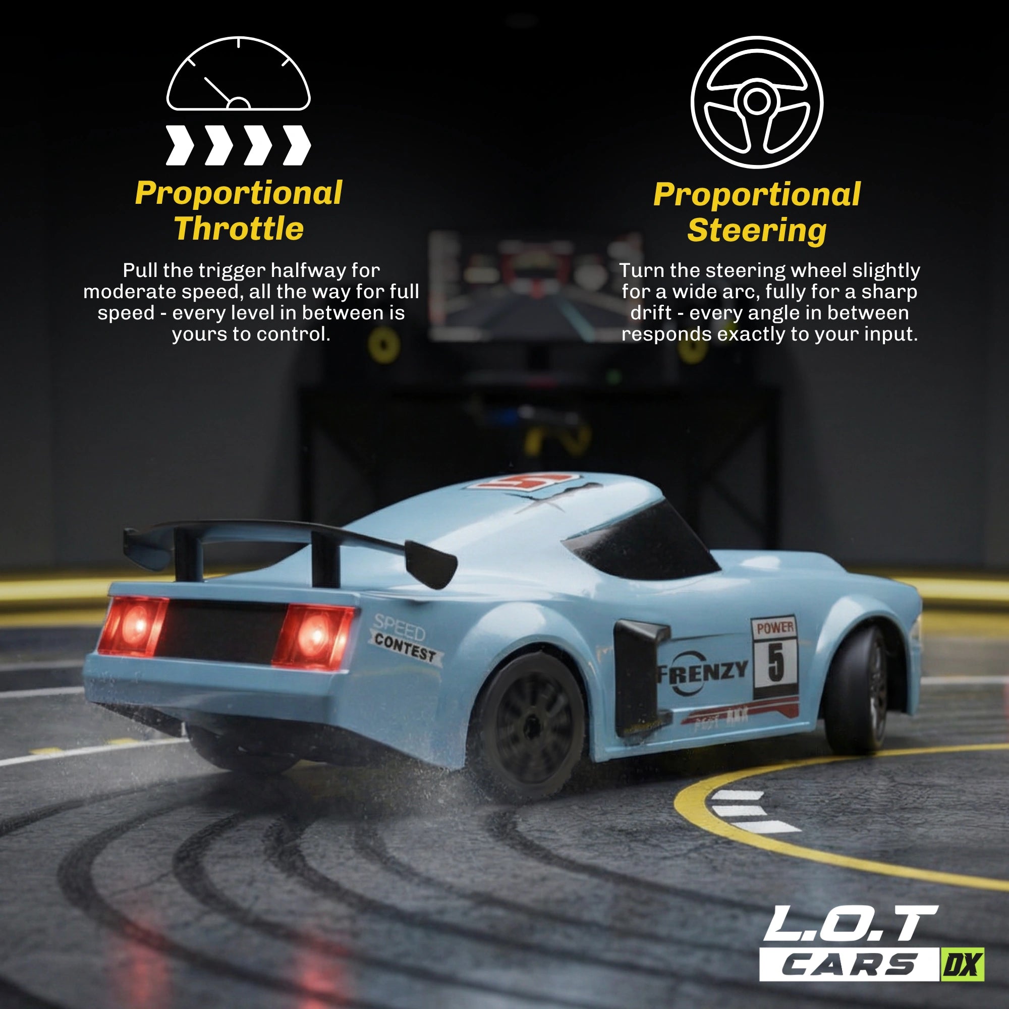 RC car on a track with proportional throttle and steering controls displayed.